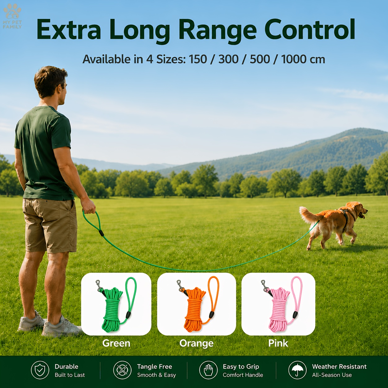 Heavy-Duty Dog Training Leash, Weather-Resistant Nylon Material