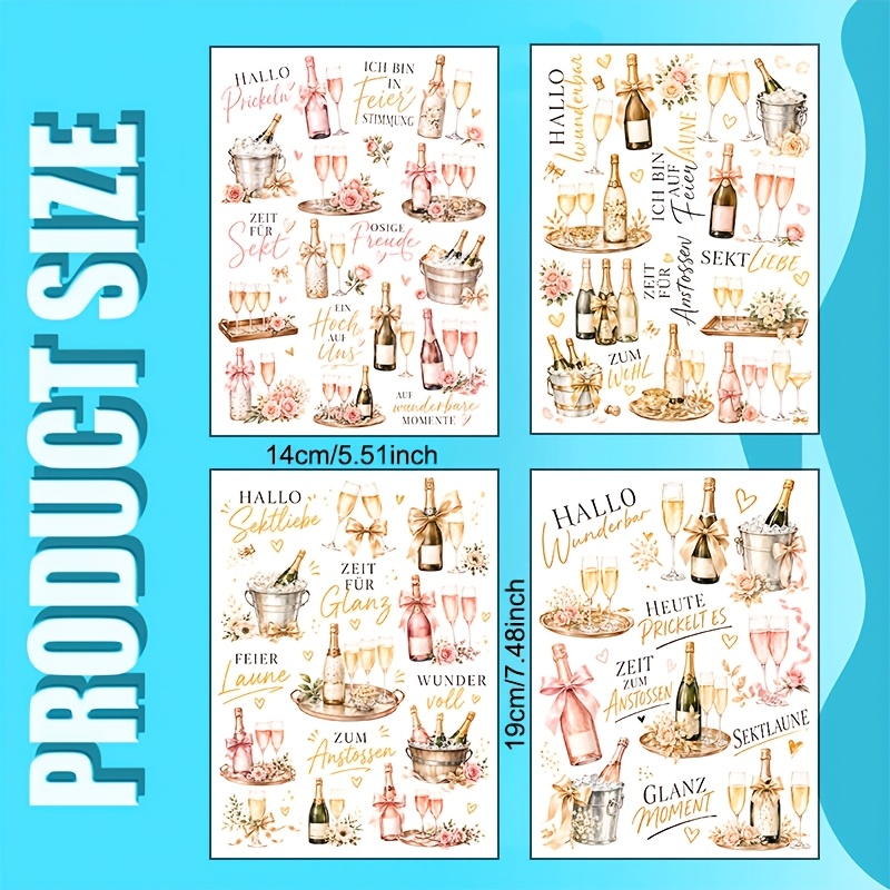 TEMU 4er-Set weicher rosa-goldener Feier-Wein-Muster-UV-Transfer, mit einer handgemalten Aquarell-Champagner-Kollektion in mehreren stimmungsvollen