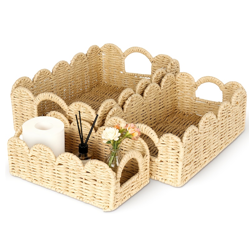 Image of Set Of 3 Lace Storage Baskets With Paper Rope Handles, Multi-scene Storage Baskets For Bathroom, Desktop, And Living Room, Shelf Baskets
