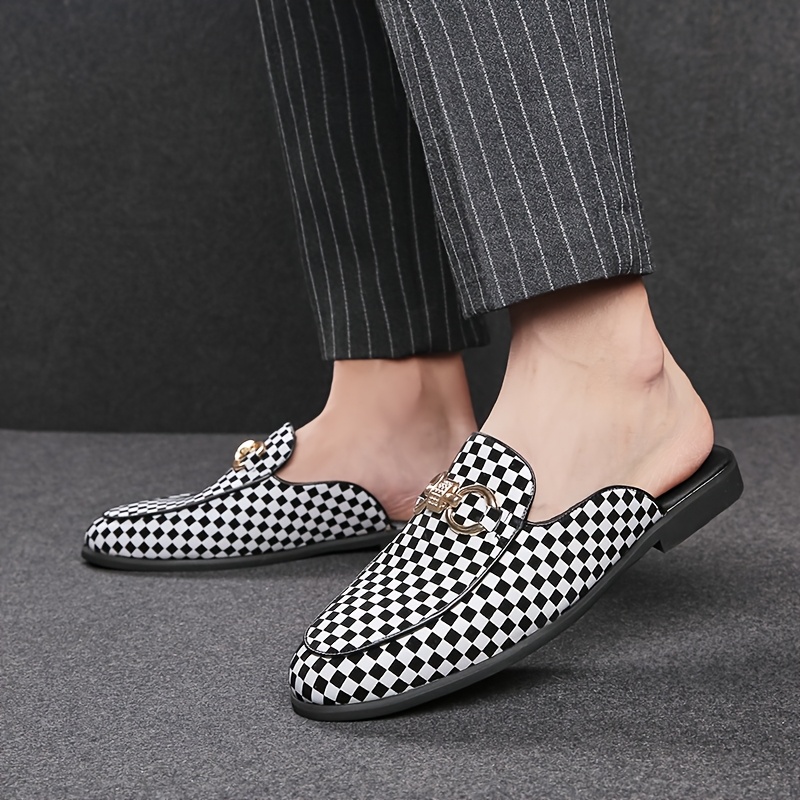 Men's British-Inspired Checkered Slip-On Loafers - Black & White Casual Shoes with Golden Accents, Breathable Rubber Sole for Spring/Summer, Easy Slip-On Design for Daily Wear & Leisure Activities, Classic Loafer Style, Comfortable Interior Lining