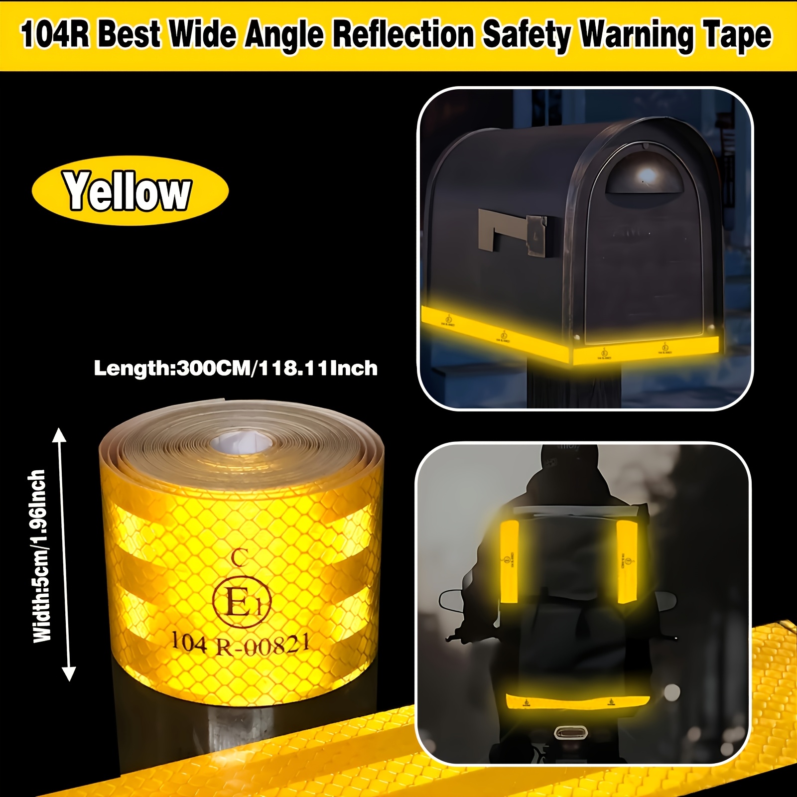 Image of 118.11/393.7 Inches 104r Car Yellow Reflective Tape Sticker Safety Sign Car Shape Self-adhesive Warning Yellow Film Motorcycle Bicycle