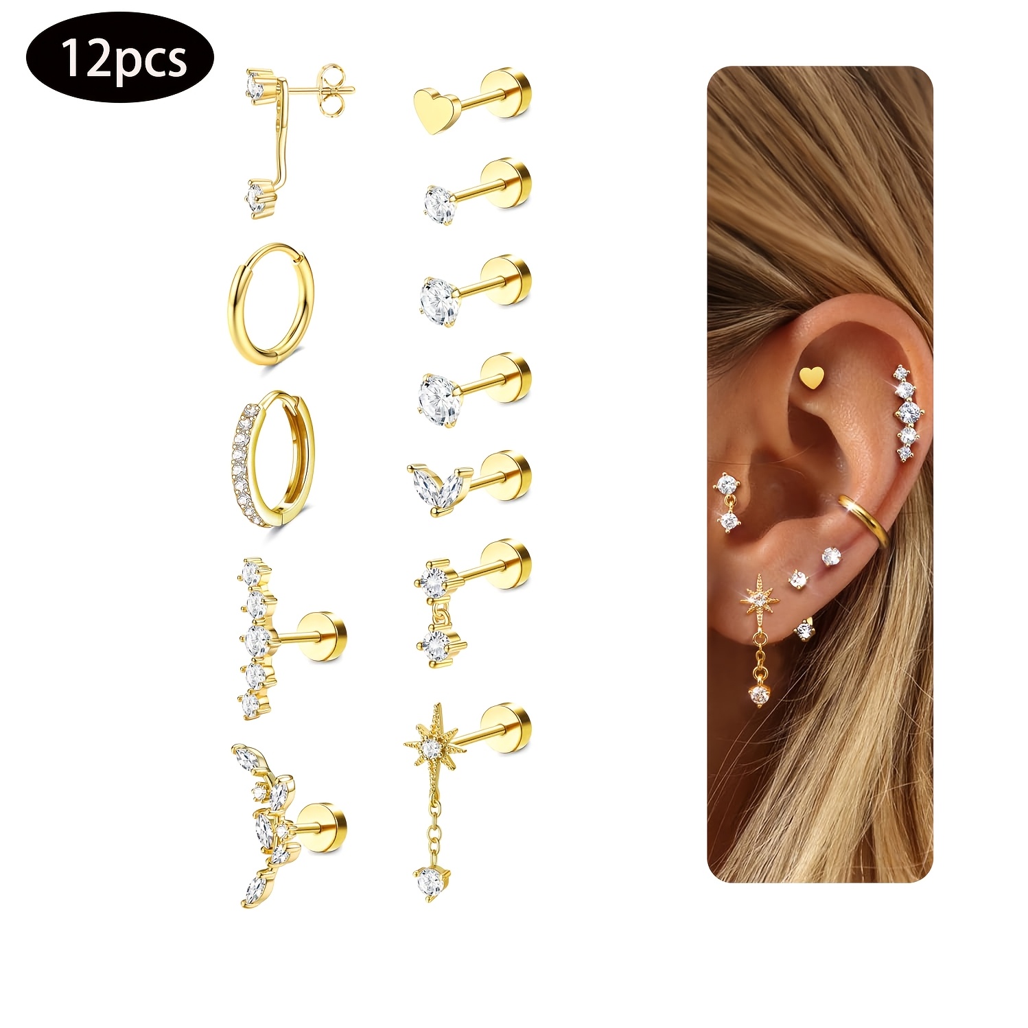 TEMU 12pcs Earring Stud Set Flat Back Earrings - Cartilage Ear Piercing Stack - Flat Back Stud Earrings Seashell Daisy Multi-pierced Ear Jewelry
