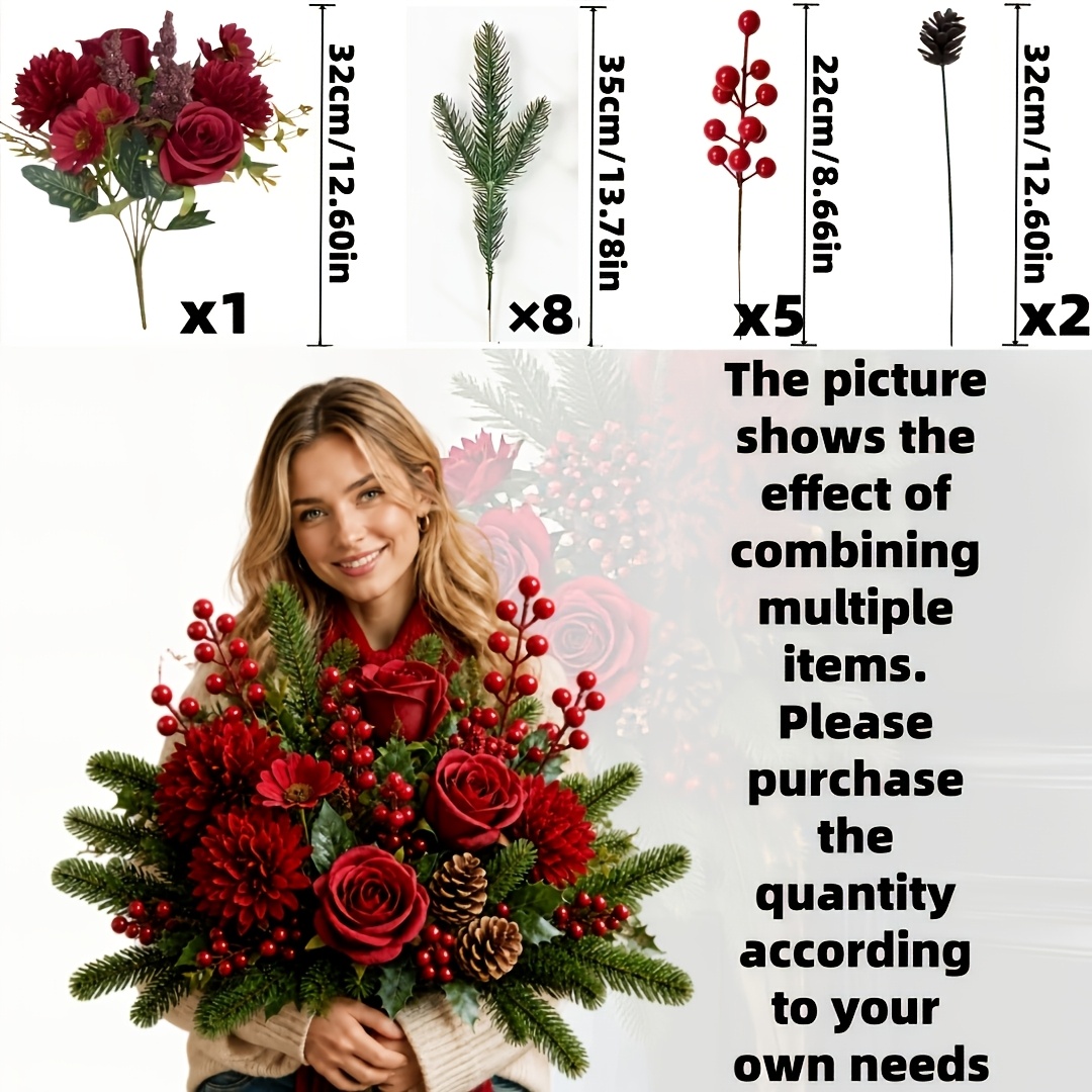 TEMU 16pcs Set - European And Vintage Style - Christmas Floral Arrangement - Burgundy Mixed Roses With Pine Branches And Red Berries, Suitable For