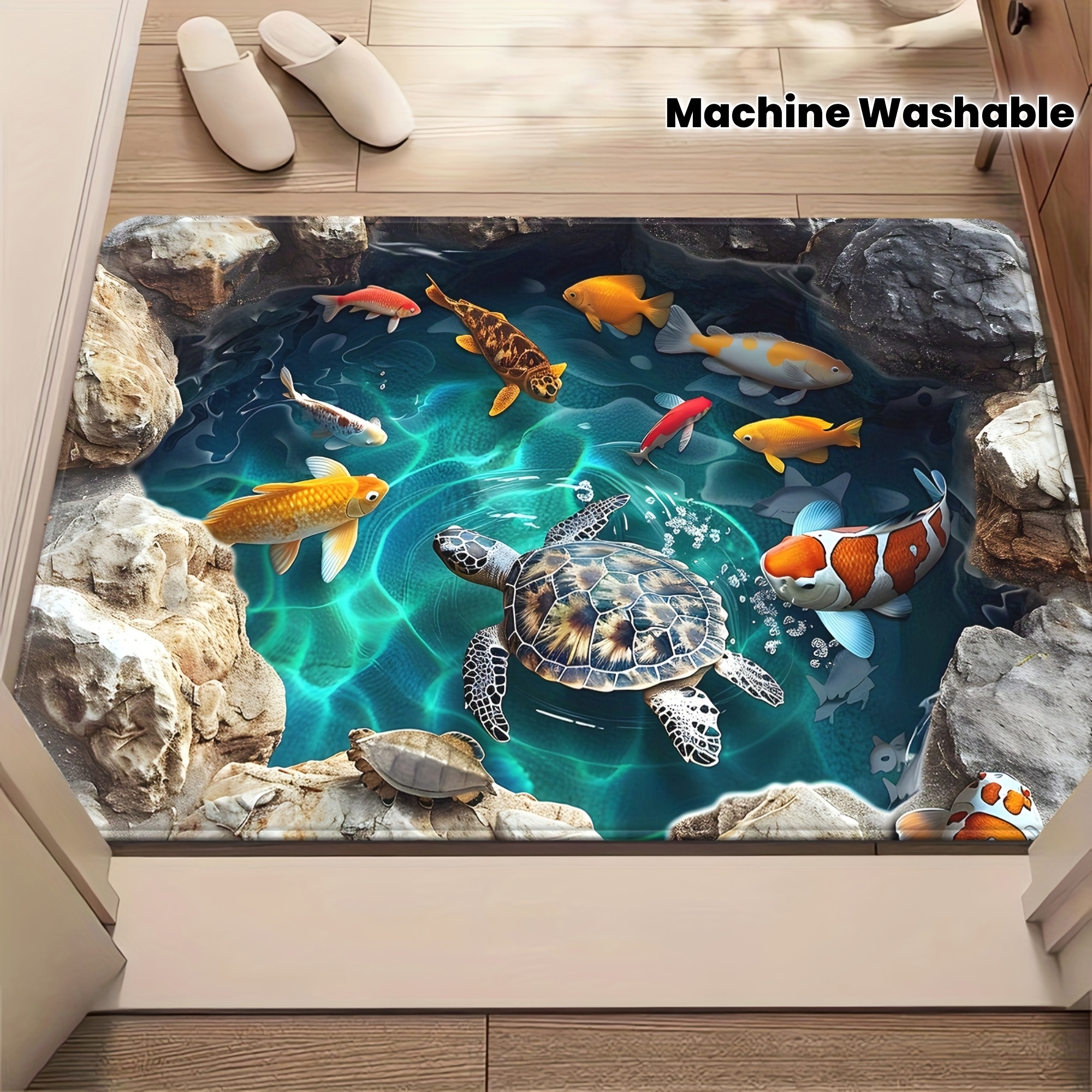 TEMU 2d Flat, 2d Flat, Bath Mat 1pc Visual Design, Bathroom Mat With Turtle And Fish Pattern, Soft And Comfortable Rug, Machine Washable, Flannel