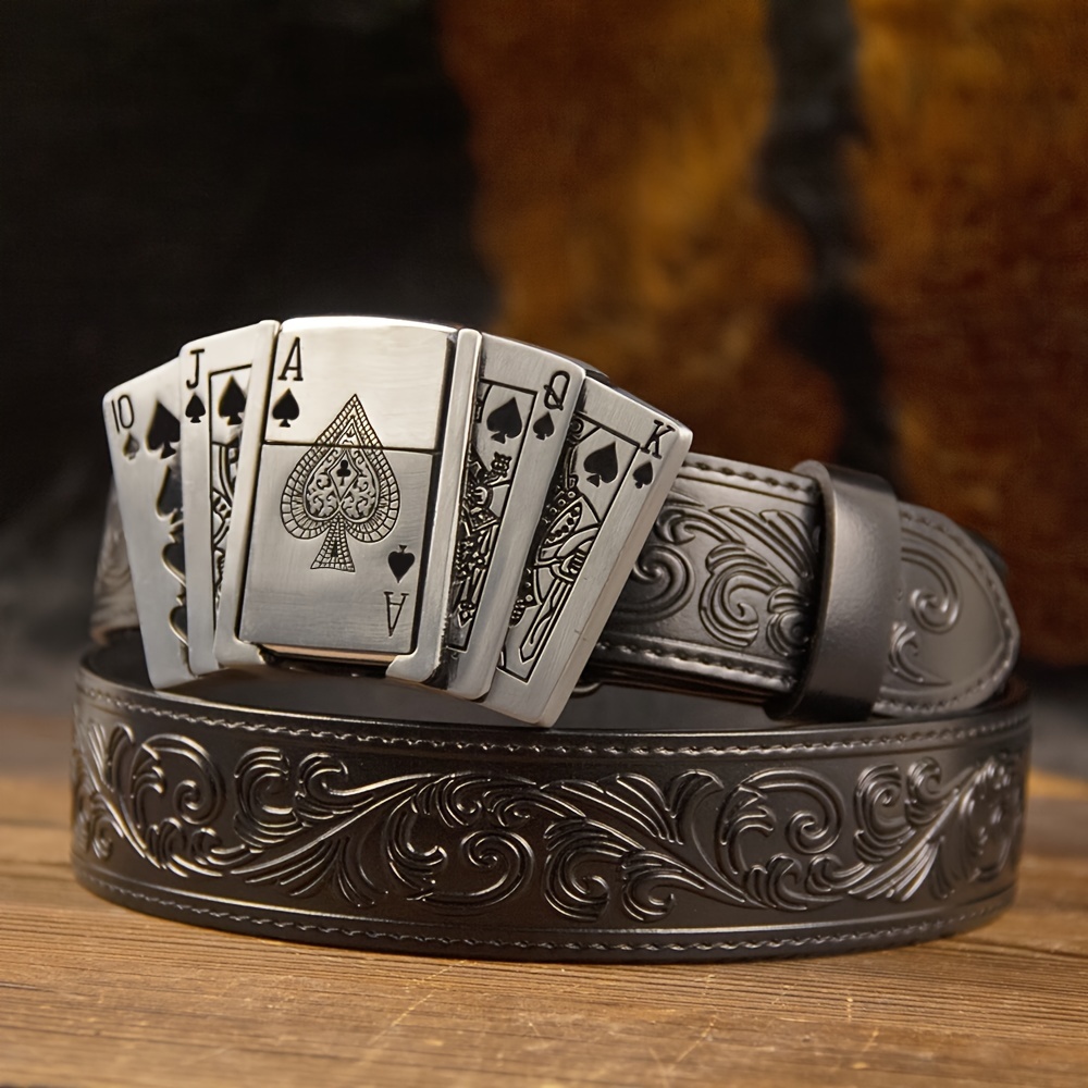 

Men's Western Cowboy Genuine Leather Belt With Card - Black, Embossed Detail