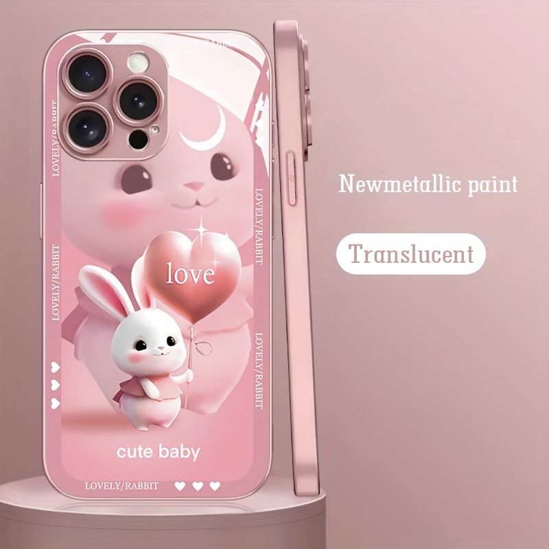 

Cute Rabbit Design Tempered Glass Protective Case For 11/12/13/14/15 Series - Anti-drop Bumper Cover With Translucent Metallic Paint Finish