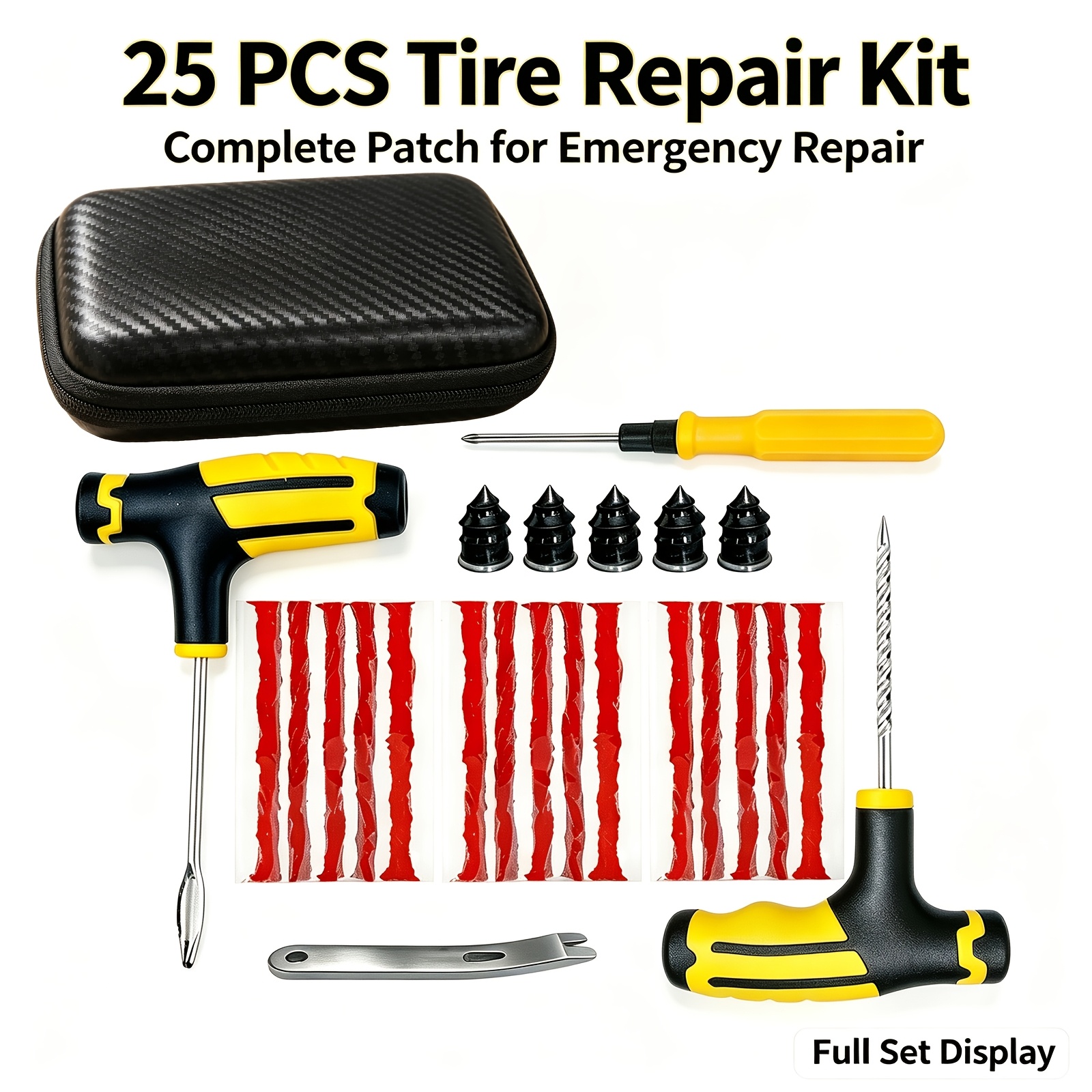 Image of Emergency Tire Plug Kit Flat Tire Puncture Repair Set Contrast Grip Spiral Probe Insertion Needle Valve Stem Wrench Plug Caps Screw Plugs Portable Case Car Suv Motorcycle