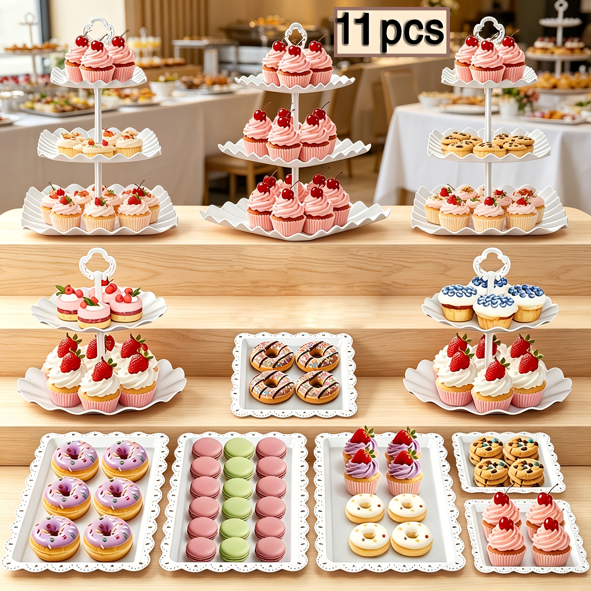 Image of Paper Cupcake Stand, 11pcs Pp Dessert Table Display Set, 3-tier Cake Tower And 2-tier Cake Rack, For, Candies, , Baby Showers, Birthdays