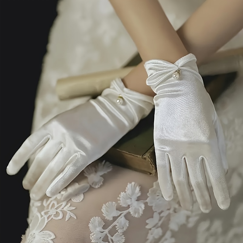 

Elegant Bridal Satin Gloves With Pearl Detail - Polyester, Full Finger, , Solid Color - Hand Washable, Decorative Wedding Accessory For Women - 1 Pair