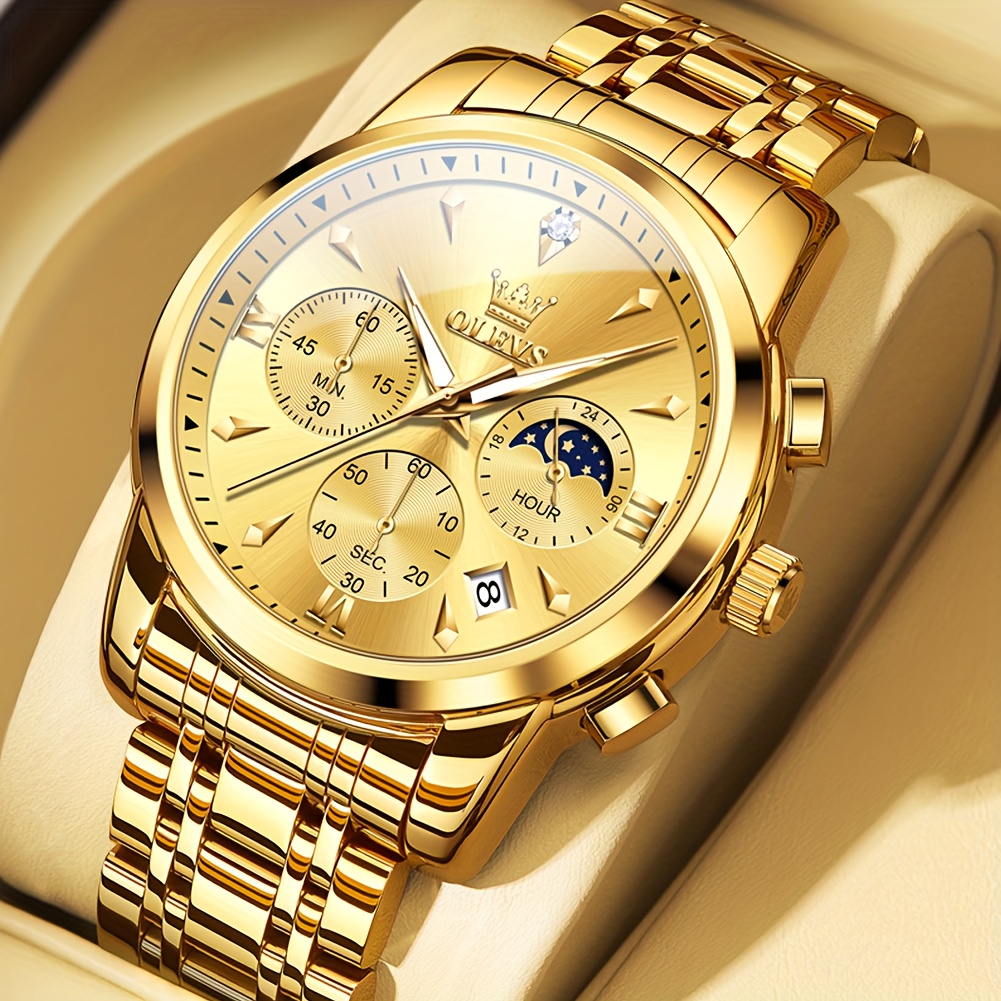 Image of Olevs Luxury Quartz Chronograph Mens Wristwatch | Gold Plated Stainless Steel, Moon Phase, Luminous Date, Fashion Dress Style, Blue/golden/gray/black Dial