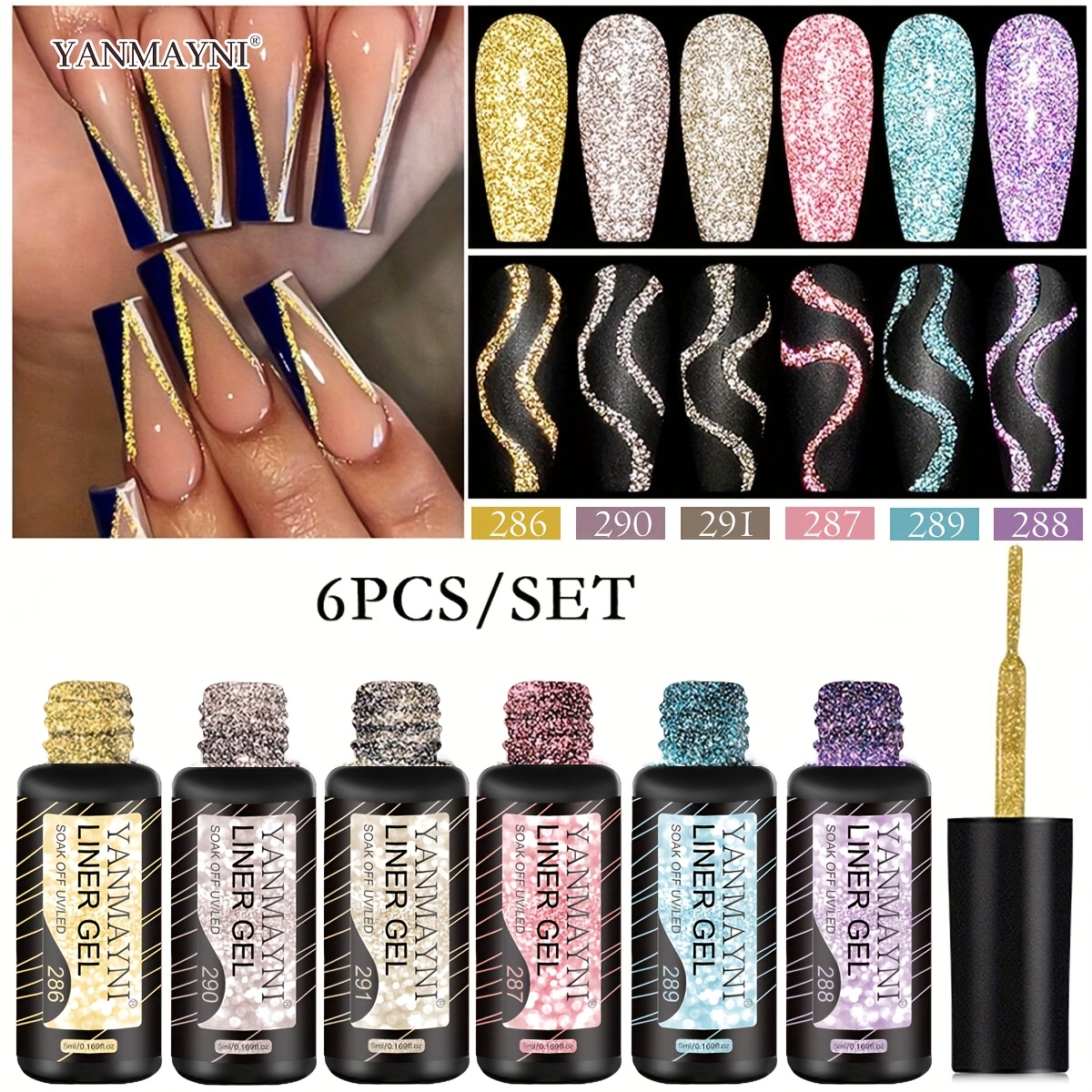Yanmayni Reflective Glitter Nail Art Gel Liner Flash 6 Colors 5ml Sparkle Golden Silvery Blue Purple Pink Led Soak Off Curing Requires For Design