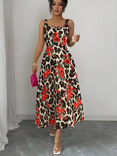 Elegant Directional Spring/Summer Women'S Printed Sleeveless Square Neck A-Line Long Dress, Comfortable, Elegant * And, Machine Washable, Suitable for Vacation Travel Parties And Daily Wear Elegant Directional Spring/Summer Women'S Printed Sleeveless Square Neck A-Line Long Dress, Comfortable, Elegant * And, Machine Washable, Suitable for Vacation Travel Parties And Daily Wear