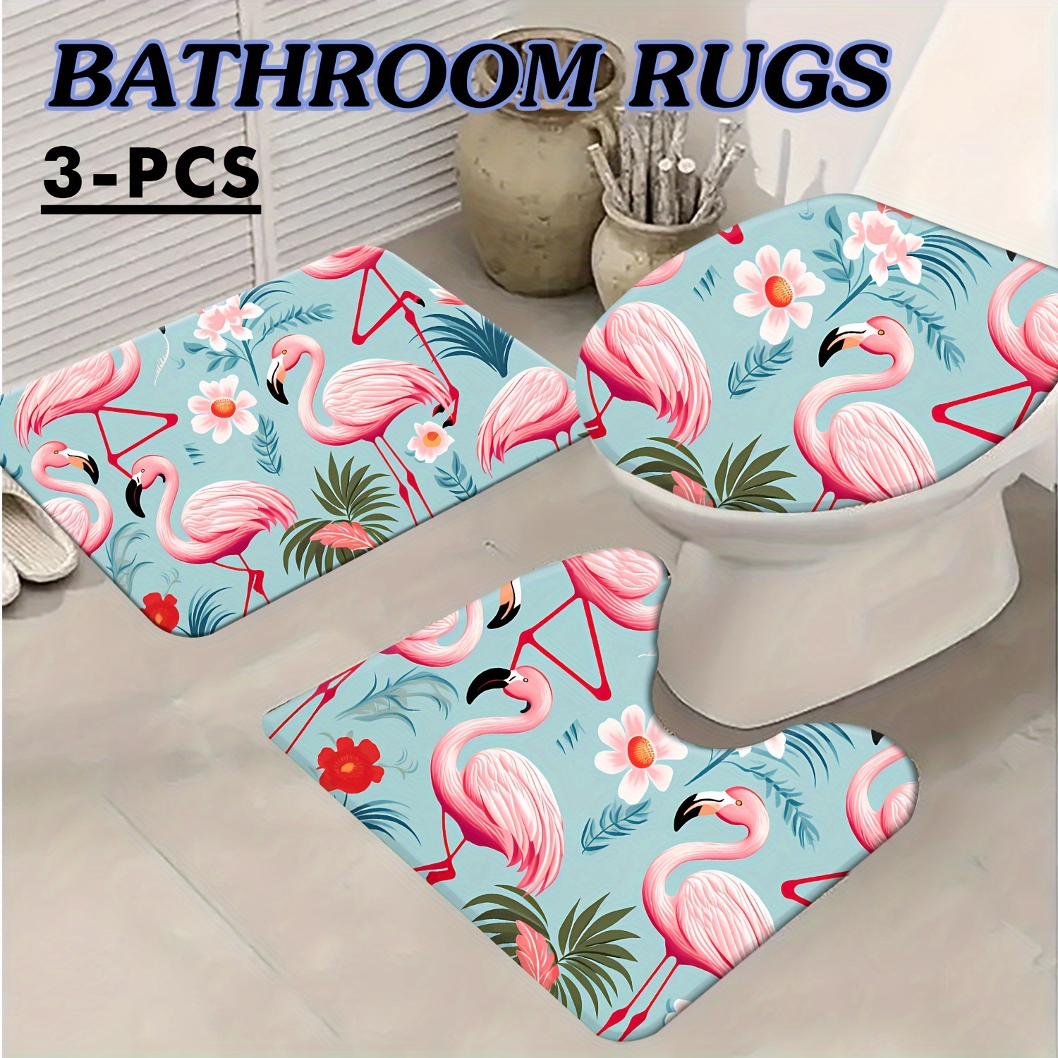 

3pcs/set Flamingo Bath Rug Set, Tropical Leaf Design, Non-slip Absorbent Floor Mat, Soft Microfiber Bathroom Decor, Farmhouse Style Welcome Door Mat, For Indoor Front Porch Entryway