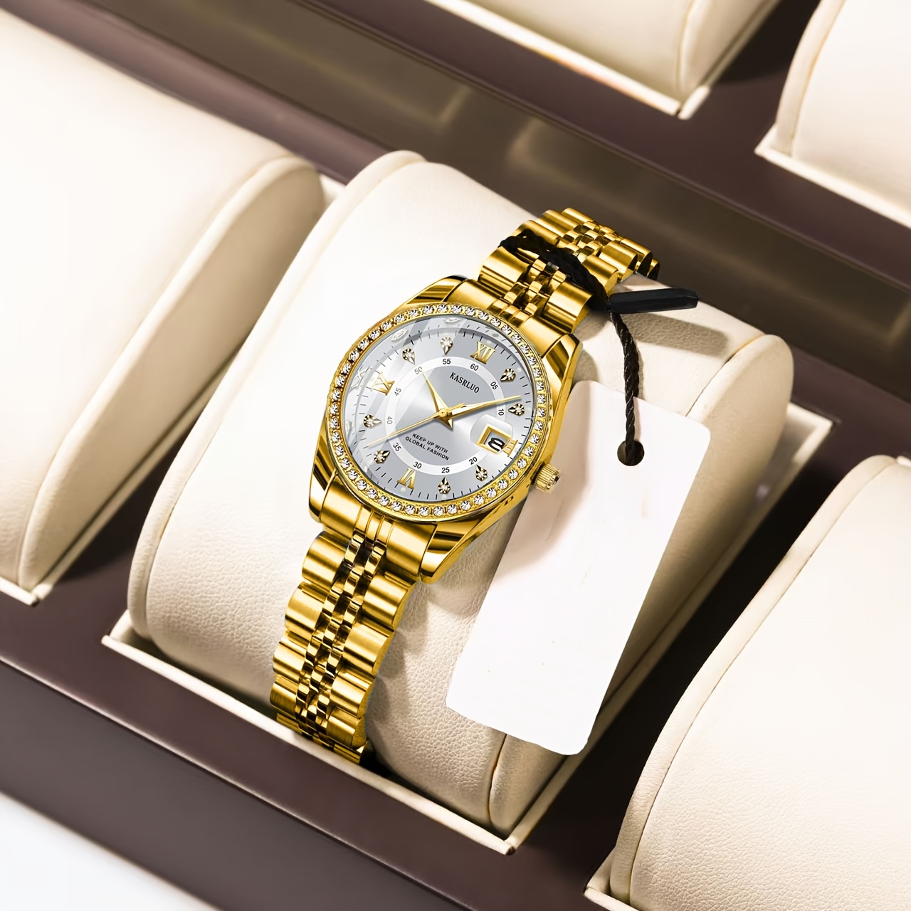 KASRLUO Women's Stainless Steel Quartz Watch with Luminous Rhinestone Date Display, Blue Dial & Golden-Tone Band - Elegant Business Style, Casual Elegance | Elegant Timepiece | Luminous Dial