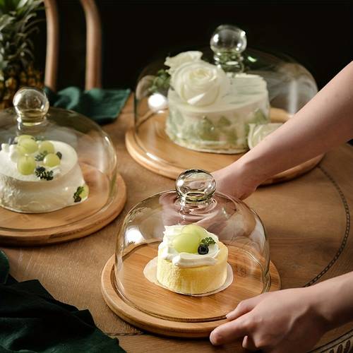 Glass Lid Bamboo Wood Cake Plate, Nut Dish, Fruit Plate, Round Tray, Japanese Dried Fruit Plate, Dessert Snack Tray, Black Walnut Round Plate, Tea Coffee Wood Plate, Cake Dessert Wood Plate, Suitable for Home Kitchen Restaurant Hotel
