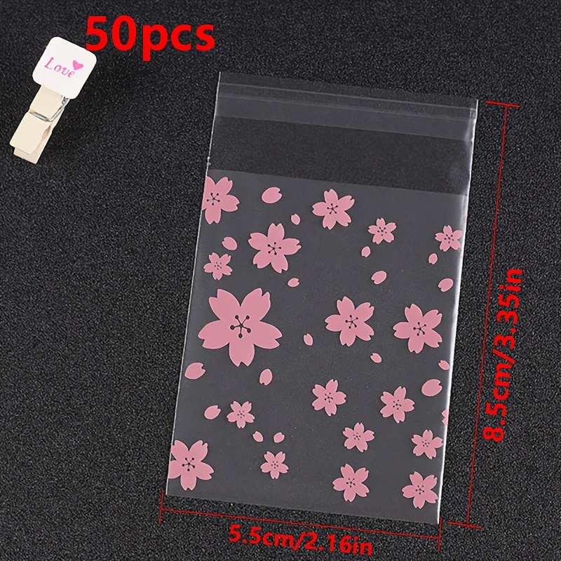 TEMU 50pcs Flower Pattern Self-adhesive Transparent Printed Opp Plastic Bags Sealable For Crafts Handmade Retail Packaging Practical Convenient Small