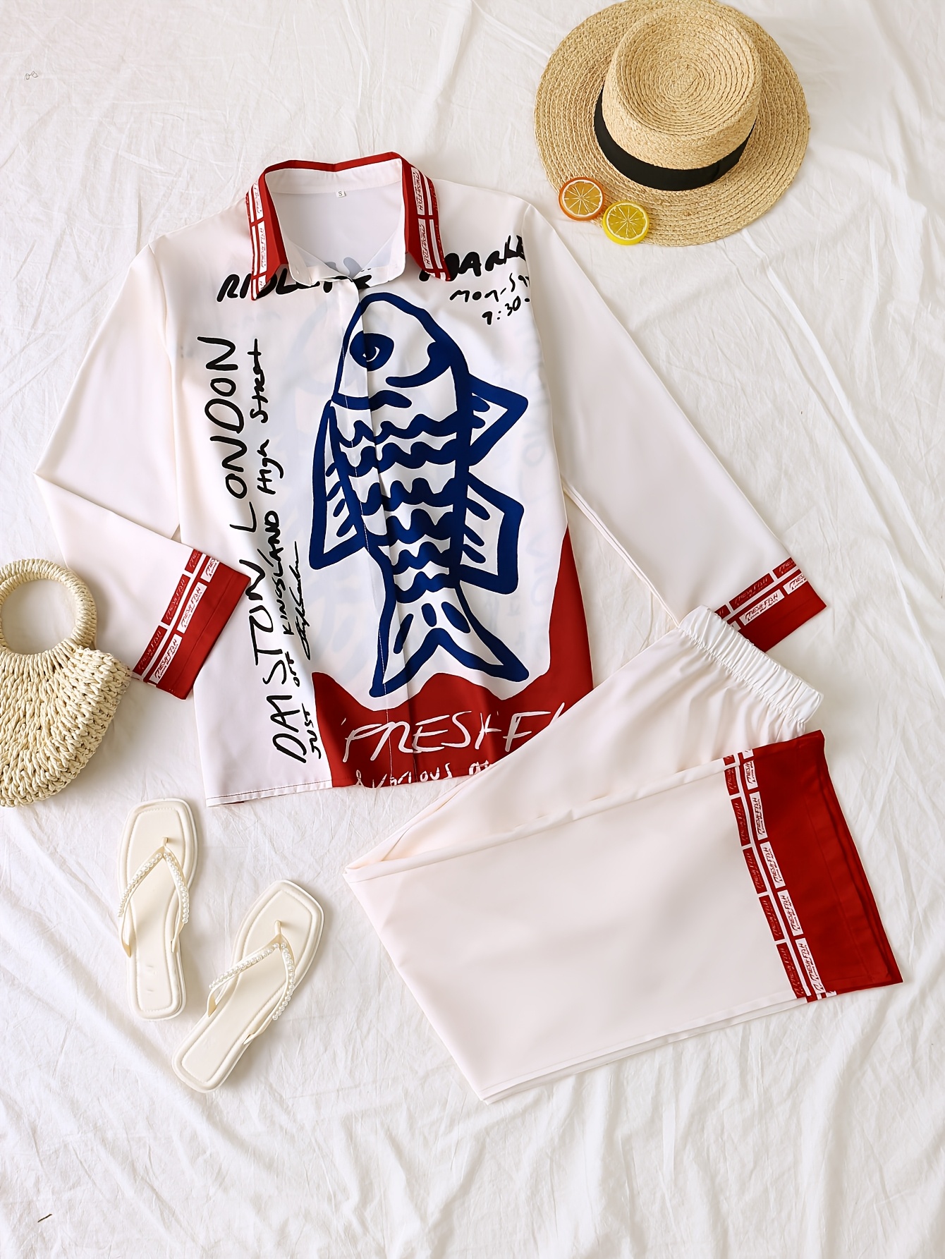 conjunto de mujer estilo vacaciones en   camisa de   larga con estampado multicolor + pantalón nn 2