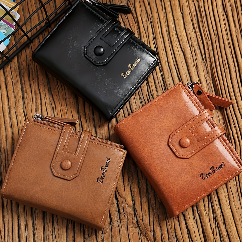 

Men's Short Wallet Double Zipper Multi Card Slots Holder Coin Purses With Snap Button Pu Leather Billfold - Perfect Gift