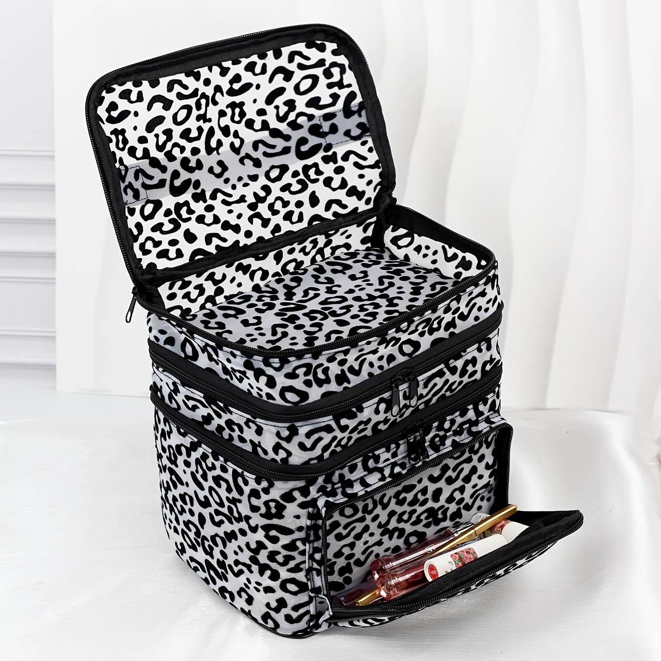 TEMU Trousse de Cosmétique et en , motif imprimé léopard, , grande , multi-fonctionnelle, couches, design multi-poches à main, sac de rangement