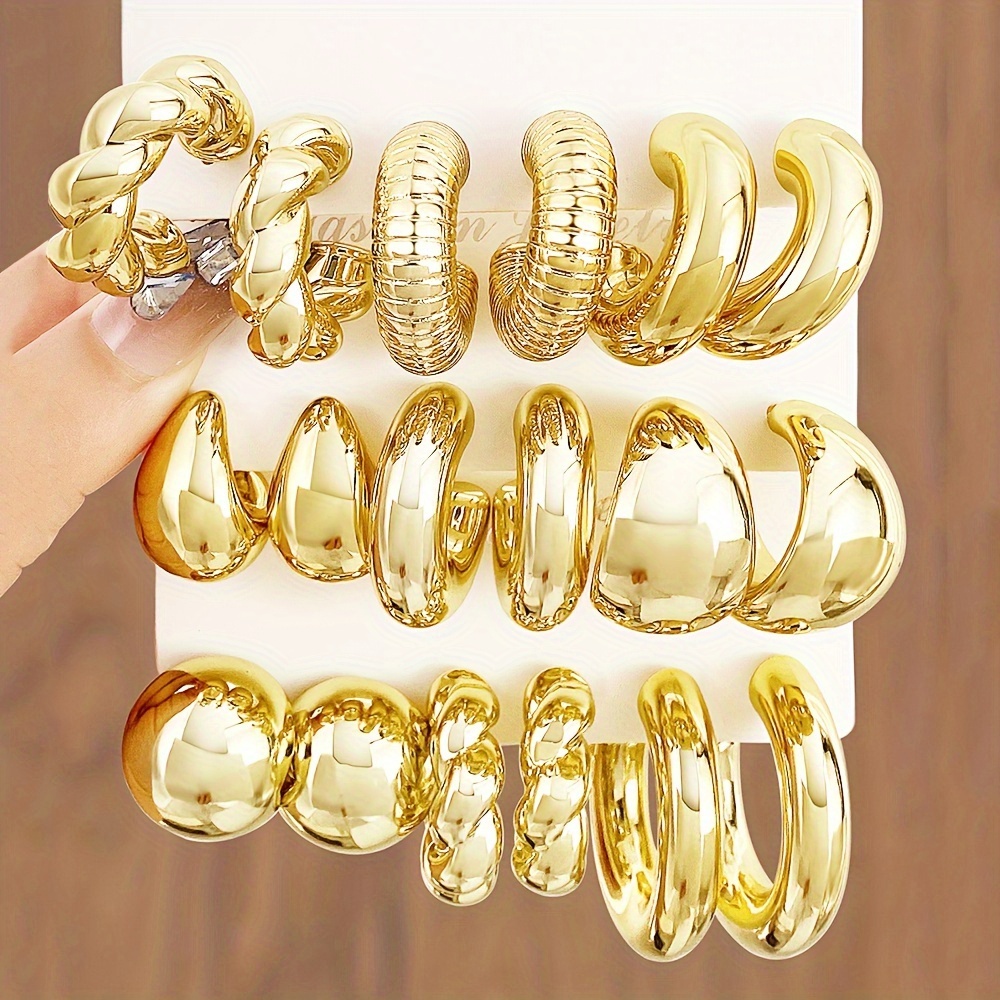 

9 Pairs Fashion Hoop Earrings, C-shaped Single Stud, 18k Golden Plated, Acrylic, Stainless Steel Earwires, Vintage Vacation Style, All-season Daily & Holiday Wear