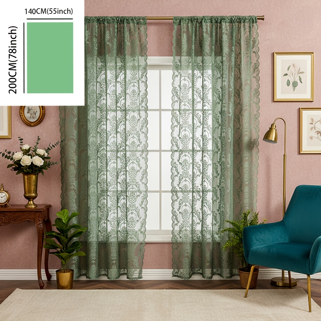 TEMU 1pc Green Simple Small Rose Window Sheer, Home Lace Curtain