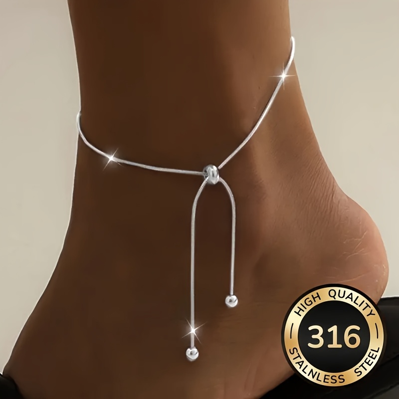 Image of 316l Stainless Steel Snake Chain Anklet For Women | Tarnish-free Adjustable Drawstring Ankle Bracelet, Dainty Minimalist Summer Beach Foot Jewelry, Perfect Gift