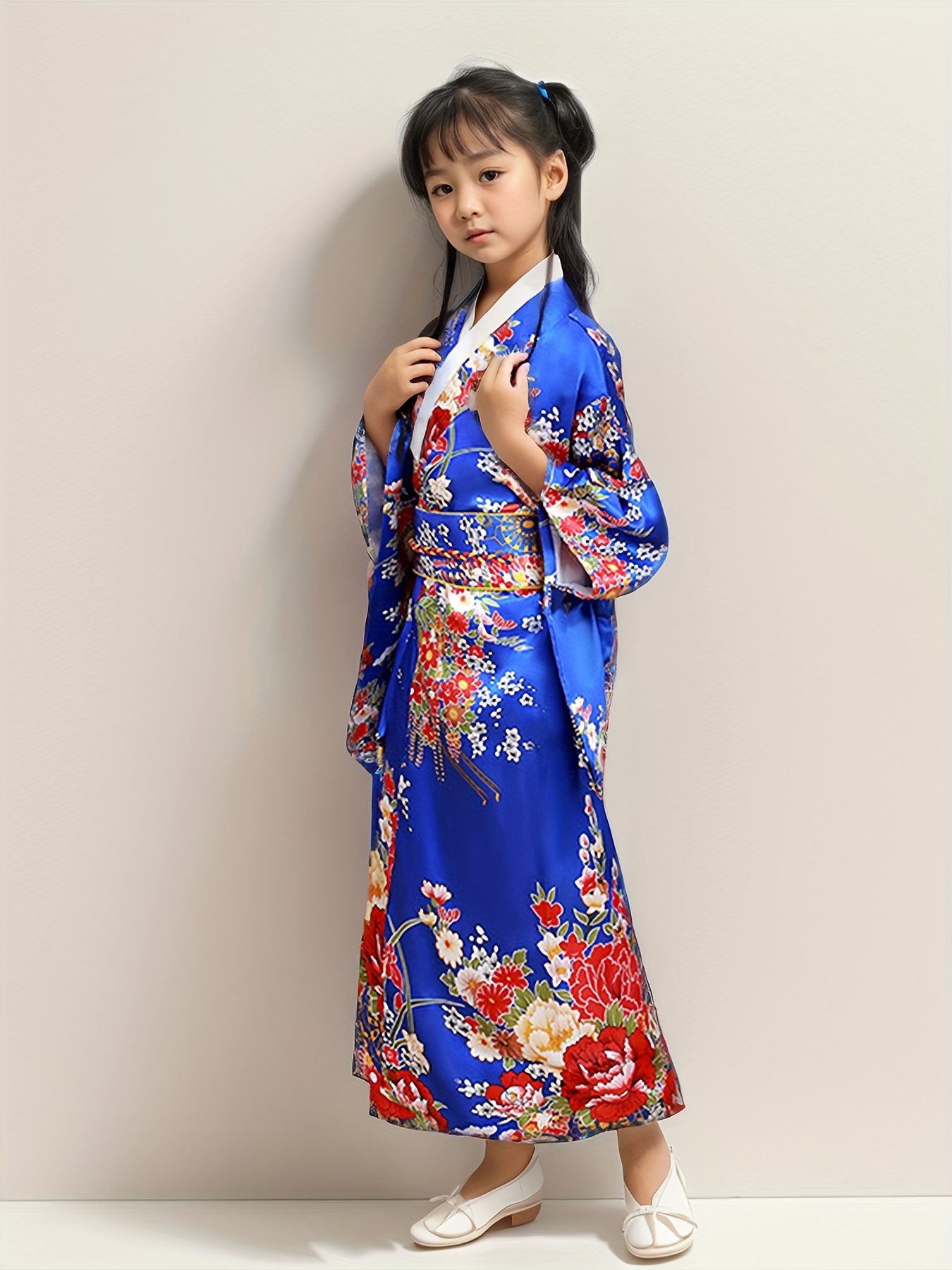 Conjunto de 3 piezas de kimono japonés floral para niñas con mangas tradicionales Ropa + Cinturón + Almohada para la espalda, Traje elegante cultural Regalo navideño