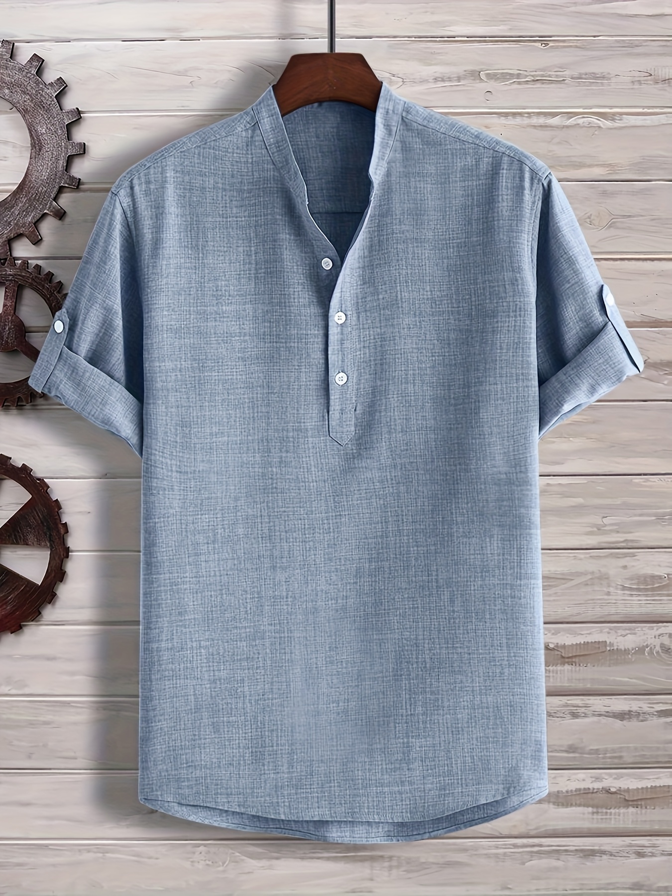 Men's Solid Color Henley Collar Short Sleeve Shirt, PLUS SIZE