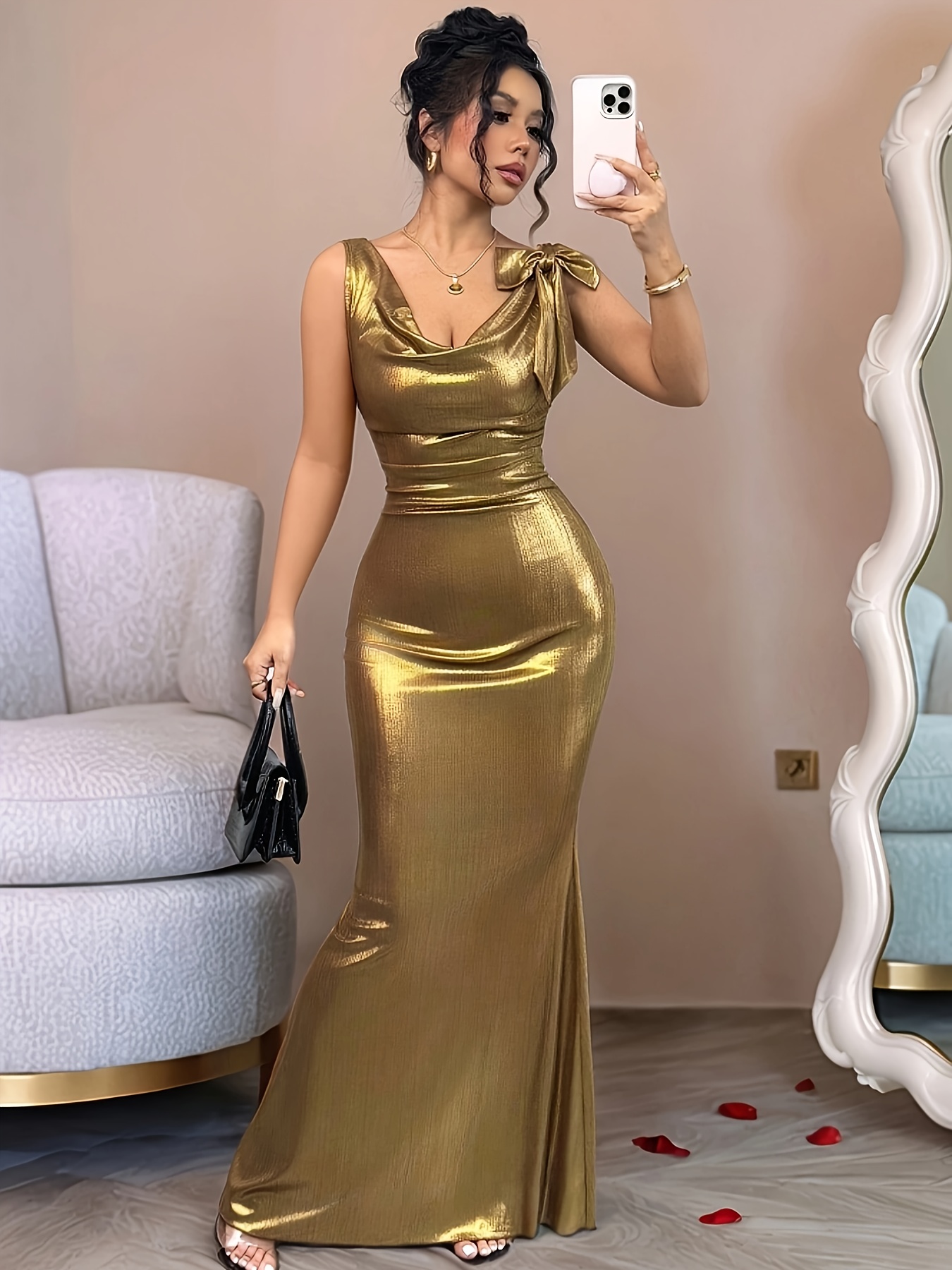 Elegant Dark Color Asymmetrical Hem Dress for Women - Long Metallic Tails, V-Neck, Sleeveless, Floor-Length Evening Gown for Formal Events, Formal Evening Gown