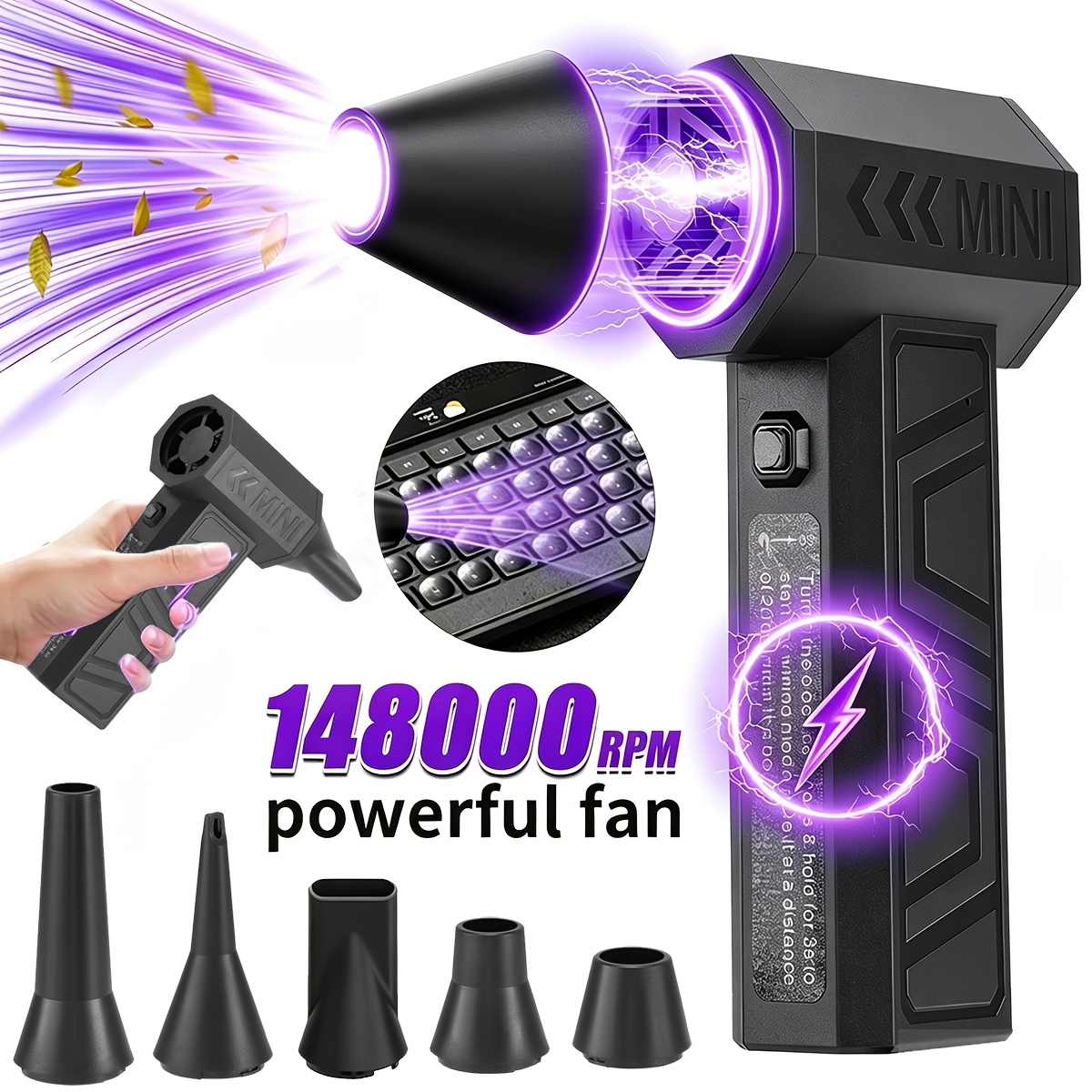 TEMU 1pc Portable Wireless Turbine Fan, 148, 000 Rpm Vehicle-mounted Hair Dryer, 3-speed Settings, Built-in 2000mah Battery, Suitable For Computer