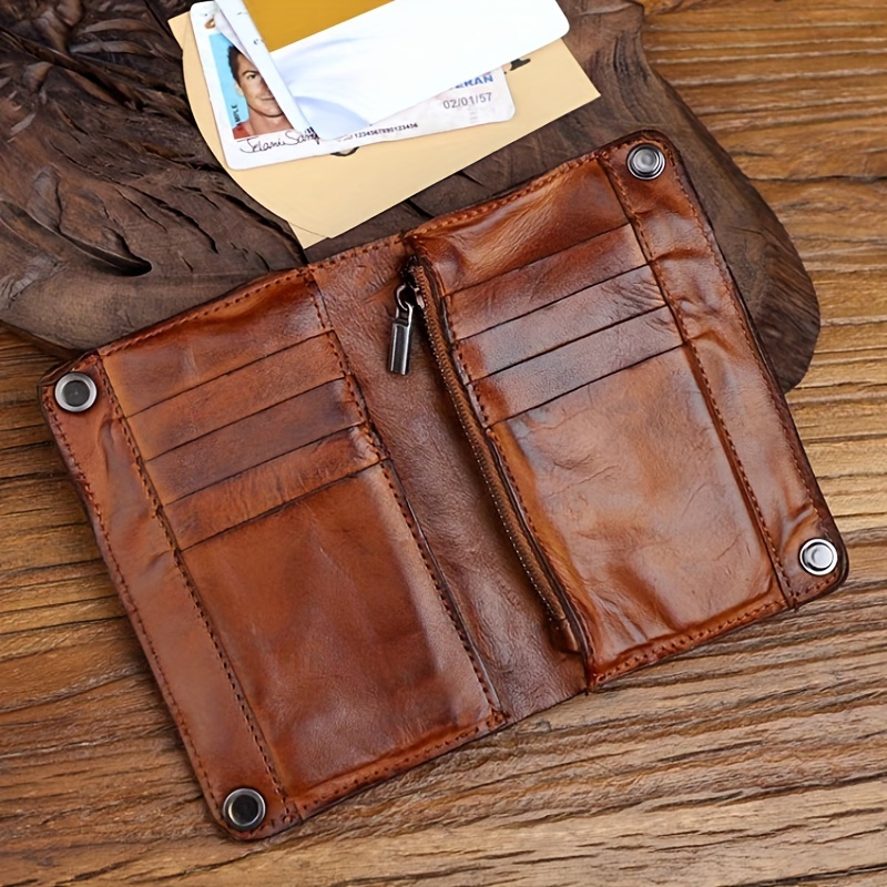 

Vintage Top-grain Leather Wallet For Men, Handcrafted, Large Capacity With Multiple Card Slots And Zipper Coin Pocket