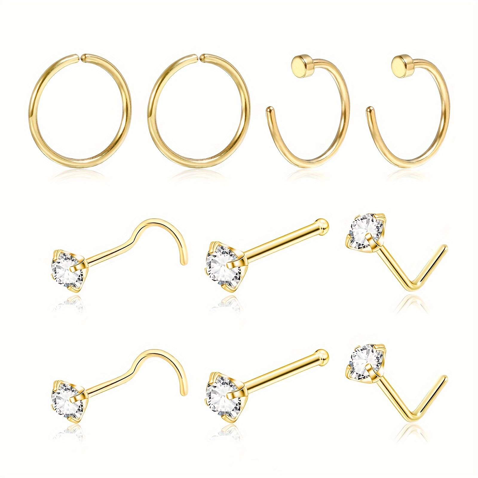 TEMU 10pcs 20g Nose Rings Hoop And 20g Nose Studs For Women Men, 316l Surgical Stainless Steel Nose Rings Studs Golden Silvery L Shape/corkscrew/bone