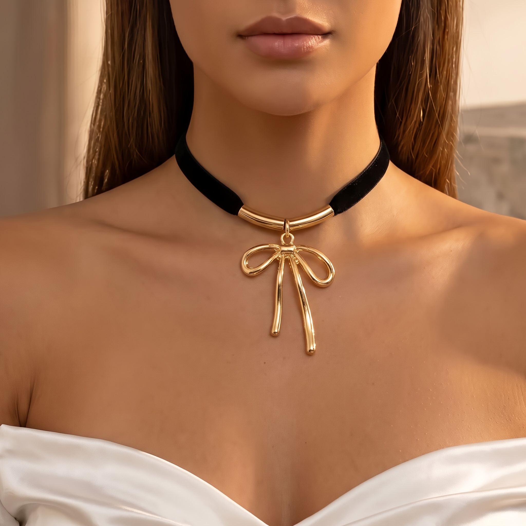 TEMU 1pc Autumn Winter Women's Fashion Neck Chain, Retro Elegant Style, Matching Arched Metal Tube, Bow Pendant, Leopard Print Ribbon Short Necklace,