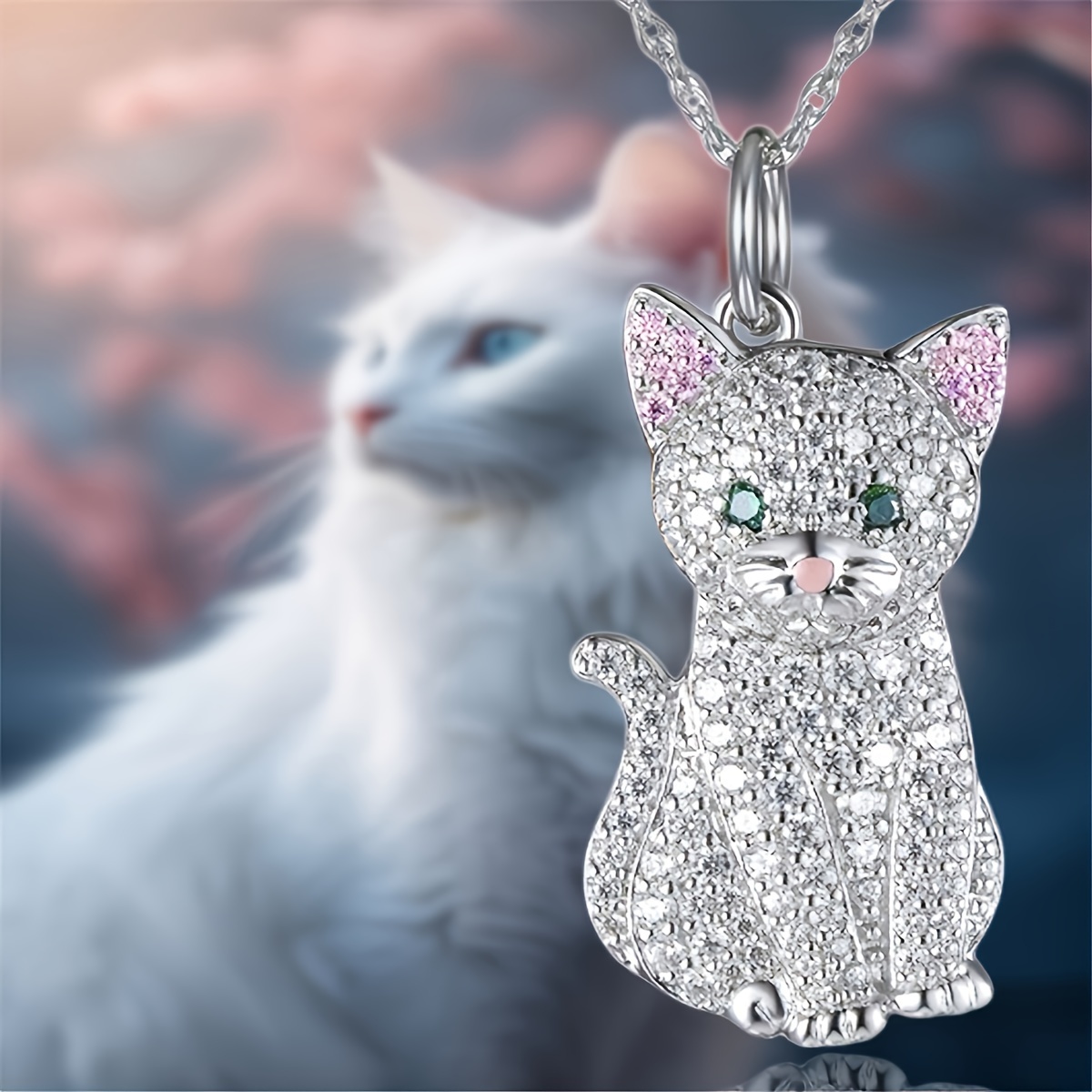 

Fashion Cute White Cat Pendant Necklace Pink Ear Kitten Cartoon Necklace Birthday Gift Jewelry Christmas, Gift