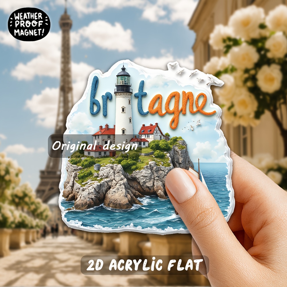 TEMU 1 magnet da frigorifero 2D piatto in acrilico | sulla costa di Bretagna - Vivace con fari ad e barche a vela - per appassionati di viaggi,