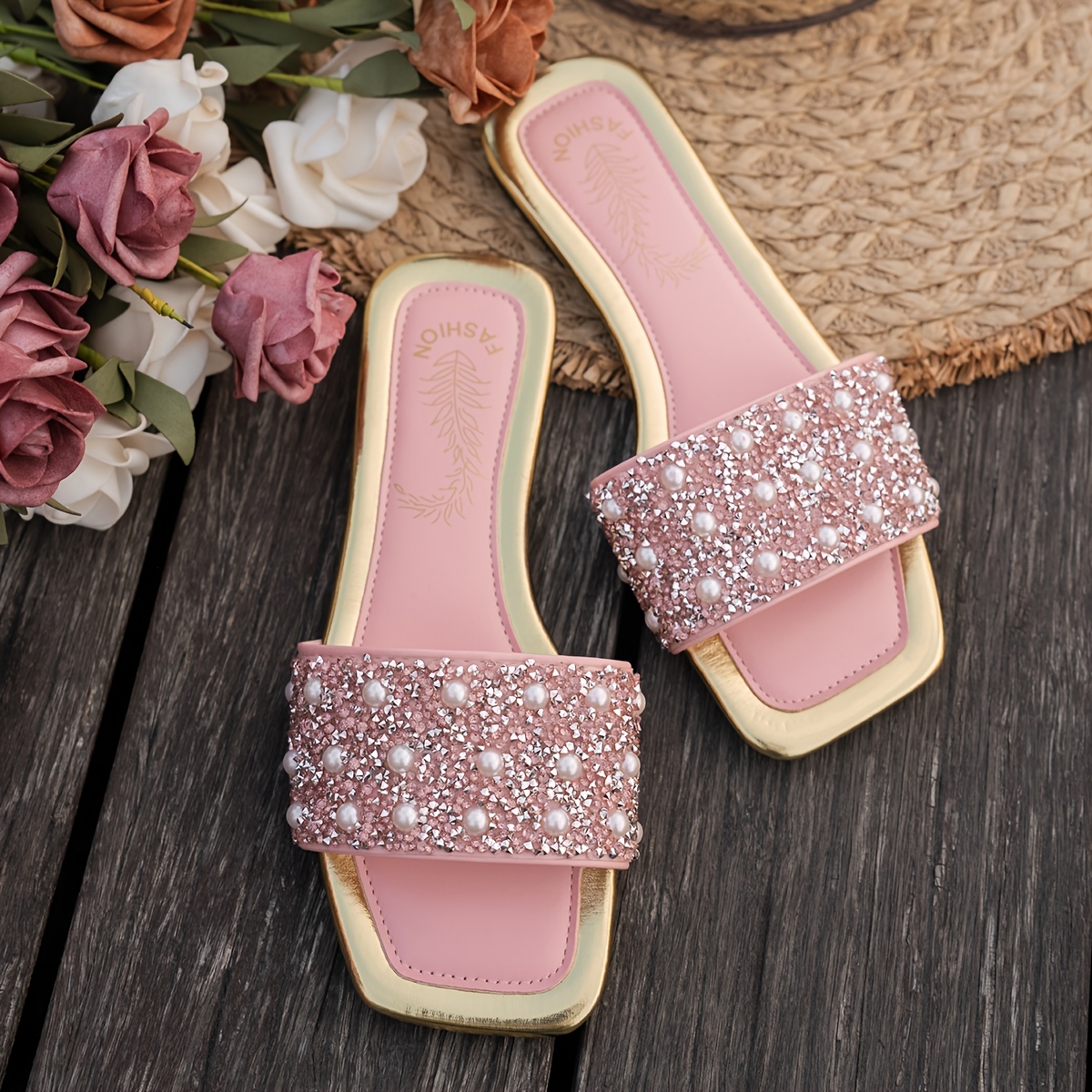 TEMU Women's New Style Flat Sandals, Fashionable Rhinestone , Square Toe For Daily Wear And Seaside , Portable Summer Sandals, Women Shoes