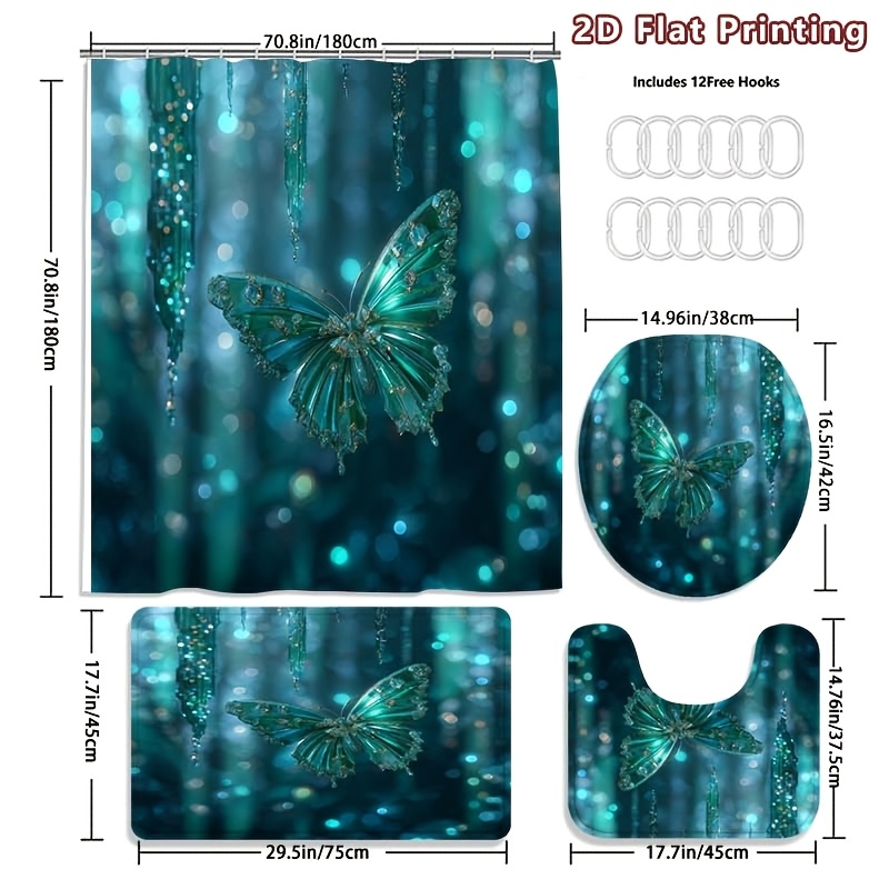 4pcs Dreamy Butterfly Shower Curtain Set with Bathroom Accessories
