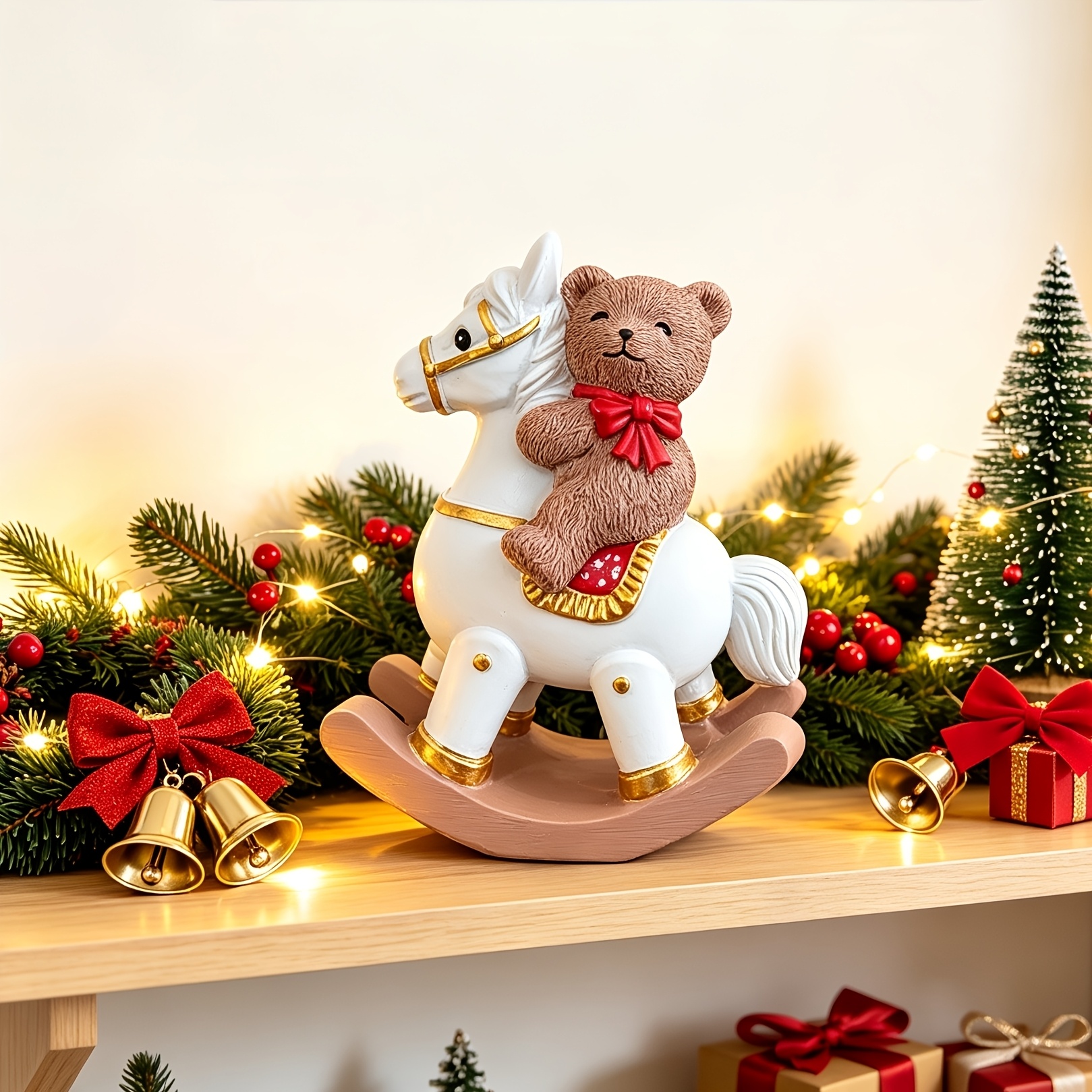 TEMU 1pc Cozy Winter Christmas With Cute Red Bow Tie Bear, Fun Desktop Christmas Decoration Ornament, Festive Home Display, Windowsill Snow Scene