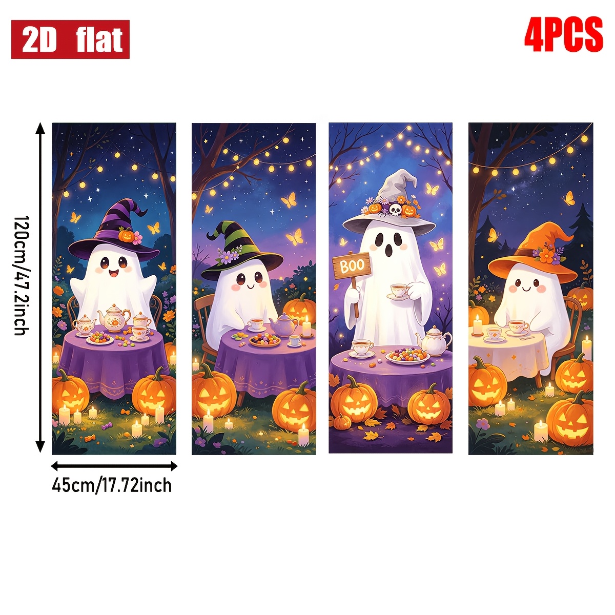 TEMU 2d Flat, 2d Flat - 2d Flat, 2d Flat - 2d Flat 4pcs Halloween Banner, Cute Ghost Tea Party Wall Decor, Cartoon Ghost Witch Hat Pumpkin Starry