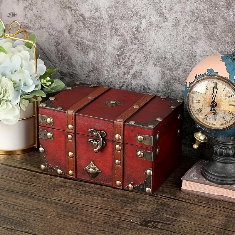 

Vintage Style Wooden Jewelry Chest - Distressed Lockable Rectangular Tabletop Treasure Box For Necklaces And Art Supplies - 1pc Retro Pirate Keepsake Storage Case With Closure