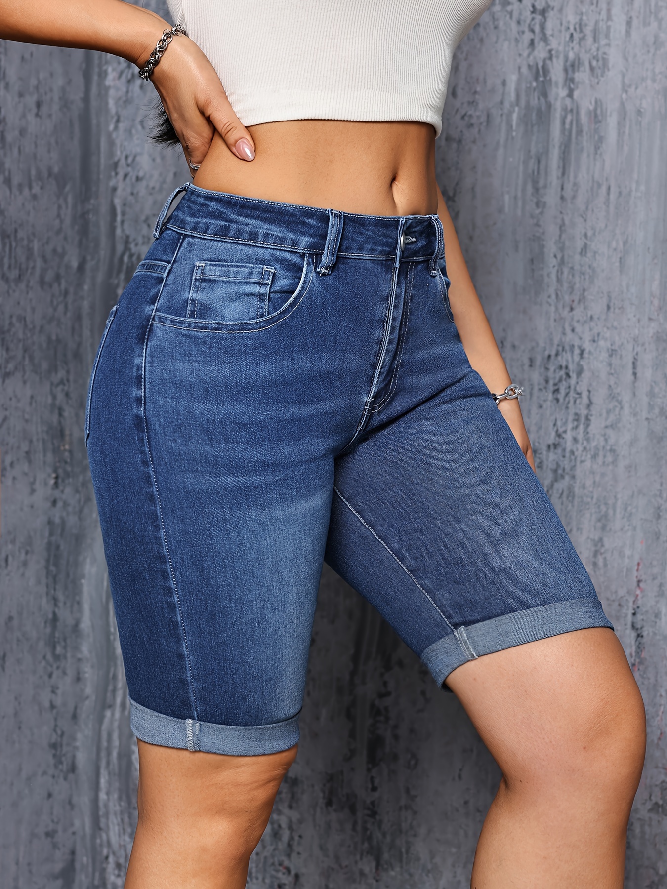 Women'S *-Waist Denim Bermuda Shorts, Casual Skinny Fit, Stretch, Solid  Color, Button Fly, Pocket Detail, Summer Fashion, Woven Fabric, 247gsm Ela