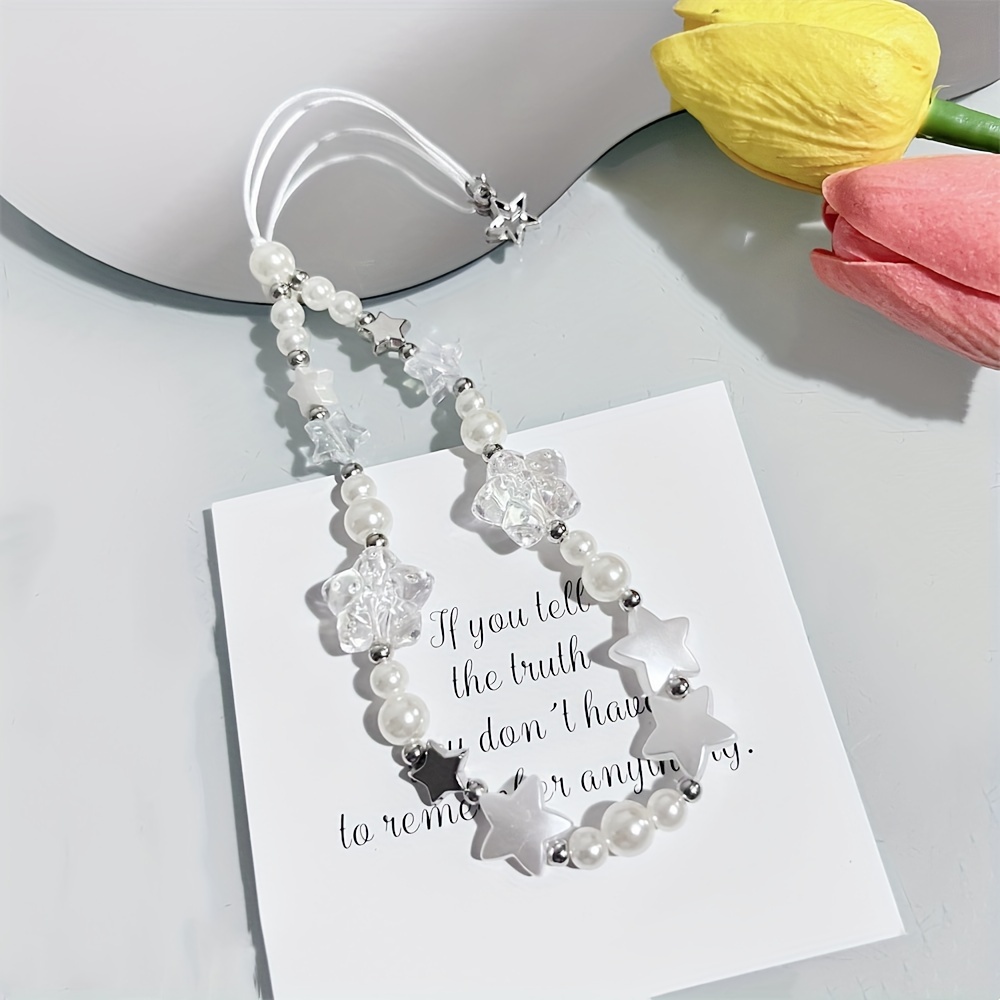 

Elegant Pearl And Acrylic Star Pendant Mobile Phone Chain, Beaded Wrist Strap Charm For Cellphone Case, Girl's Fashion Accessory