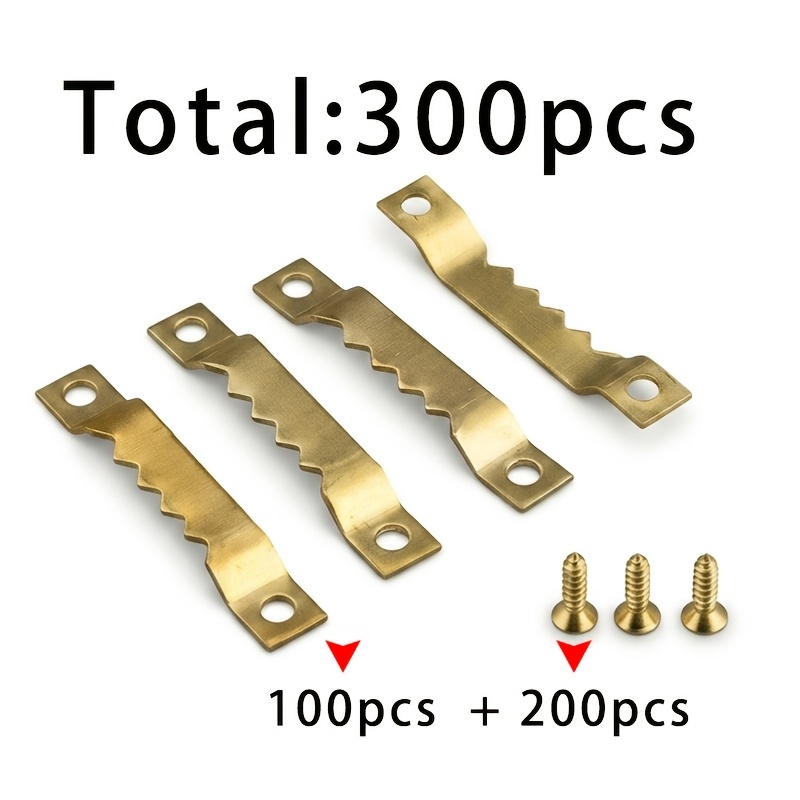TEMU 100 cintres dentelés dorés + 200 vis dorées 2x8 = 300 pièces au total. Supports de suspension dentelés en fer pour tableaux, crochets de