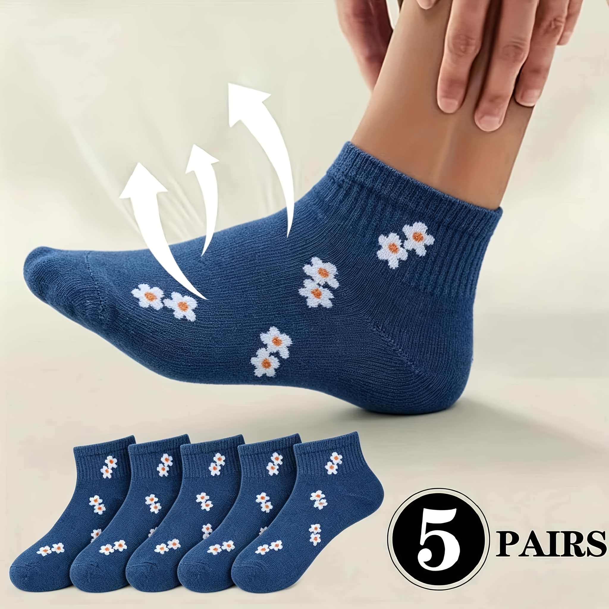 TEMU 5 Pairs Of Blue Flower Breathable Low-cut Short Socks, Boat Socks, And Socks, Suitable For Women And Men, Lightweight Socks, Travel Essential