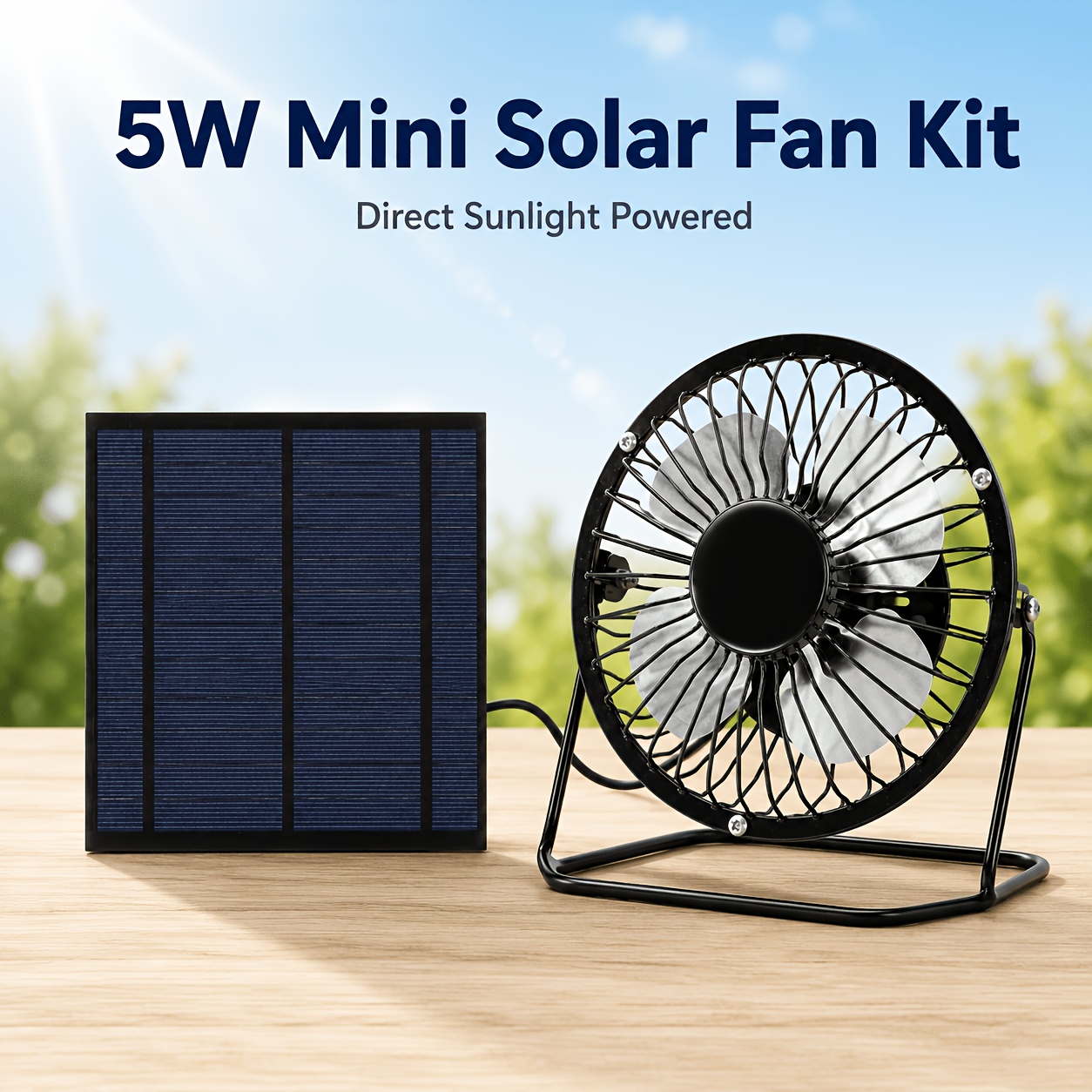 TEMU 5w Solar , 5-inch Portable Fan With Solar Panel, Durable Metal Frame, Foldable Lightweight Design, Black Outdoor Cooling Fan For Camping, Rv,