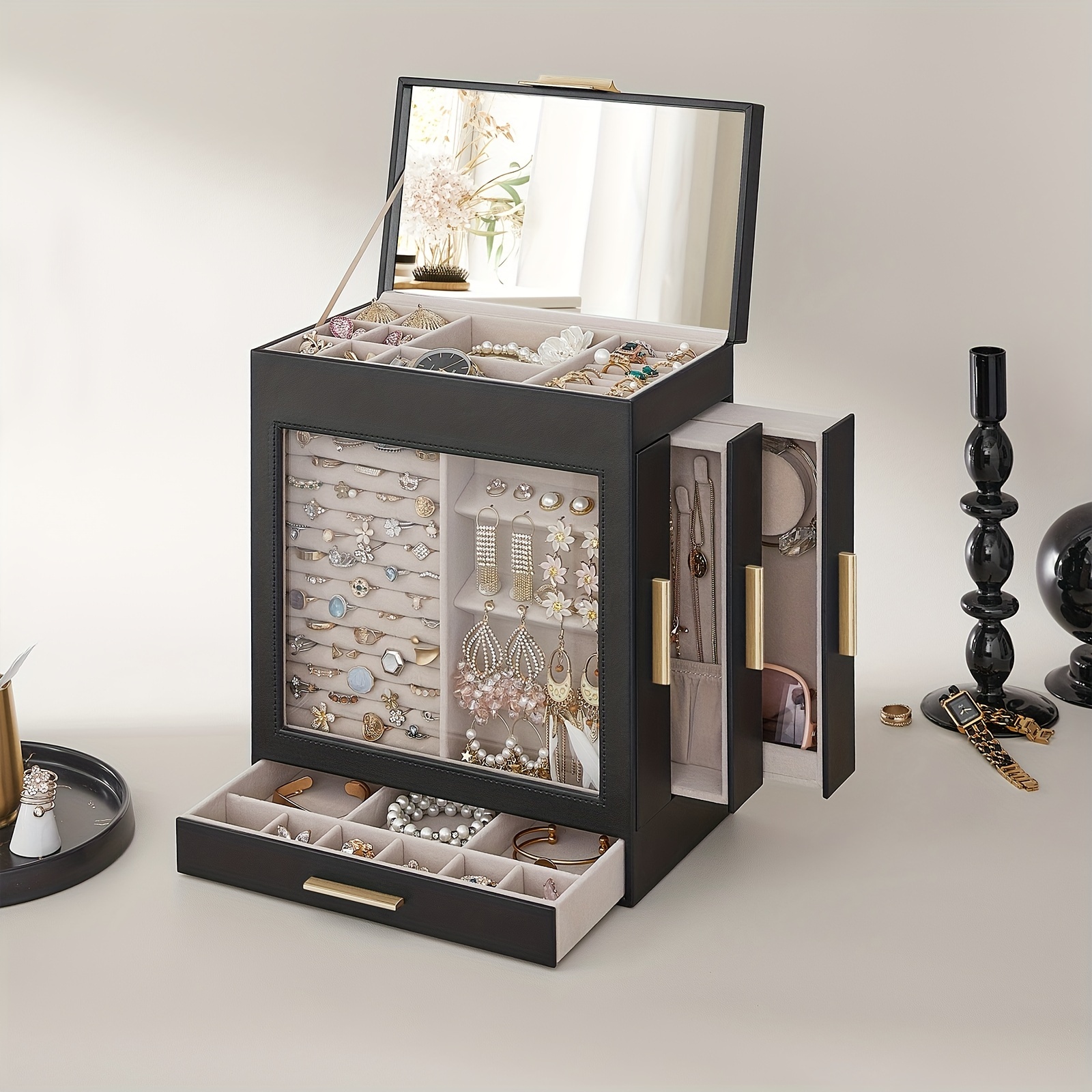 

1pc Jewelry Box With Glass Window, 5-layer Jewelry Organizer With 3 Side Drawers, Jewelry Storage Box With Big Mirror