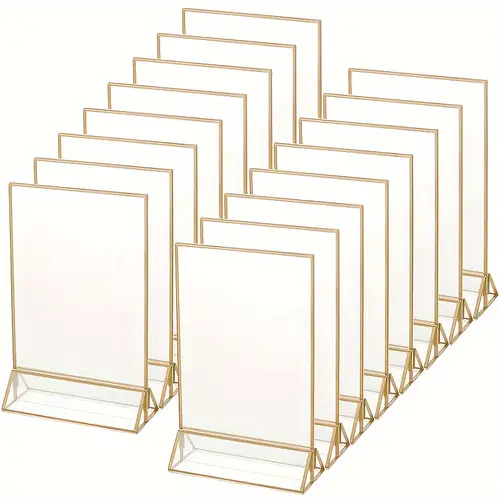 16 pieces golden rimmed clear acrylic table sign holders double sided frame with and vertical stand for wedding table number restaurant sign photo display menu holder 5 x 7 inch