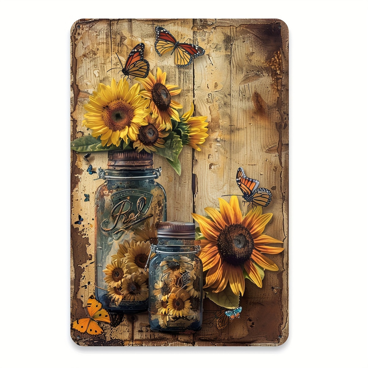 [2D Flat] Vintage Sunflower Metal Iron Sign - Rustic Wall Decor with Mason Jar and  , 20.32x30.48 cm, Indoor/ Outdoor Use, Suitable for Home, Garden, Cafe or Garage, Garden Decor | Vintage   | Durable Iron Sign, Outdoor Wall Decor,   Room Decor, Waterproof and Weatherproof Decor,   Universities, Bathrooms, Caves, Bars, Cafes, Garages, Farmhouses, for Man Caves - Black Vintage Poster Gifts,   Room Decor