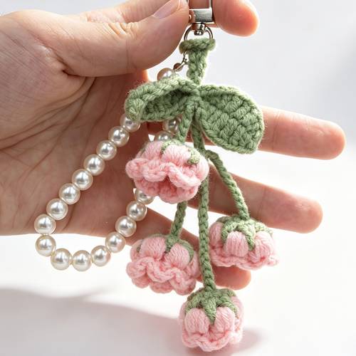 1pc of cute pearl chain crocheted with 4 lily of the valley flower keychains bohemian style creative keychain suitable for clothing bag ornaments keychain decoration ladies backpack pendant bag ornaments birthday gifts party small gifts