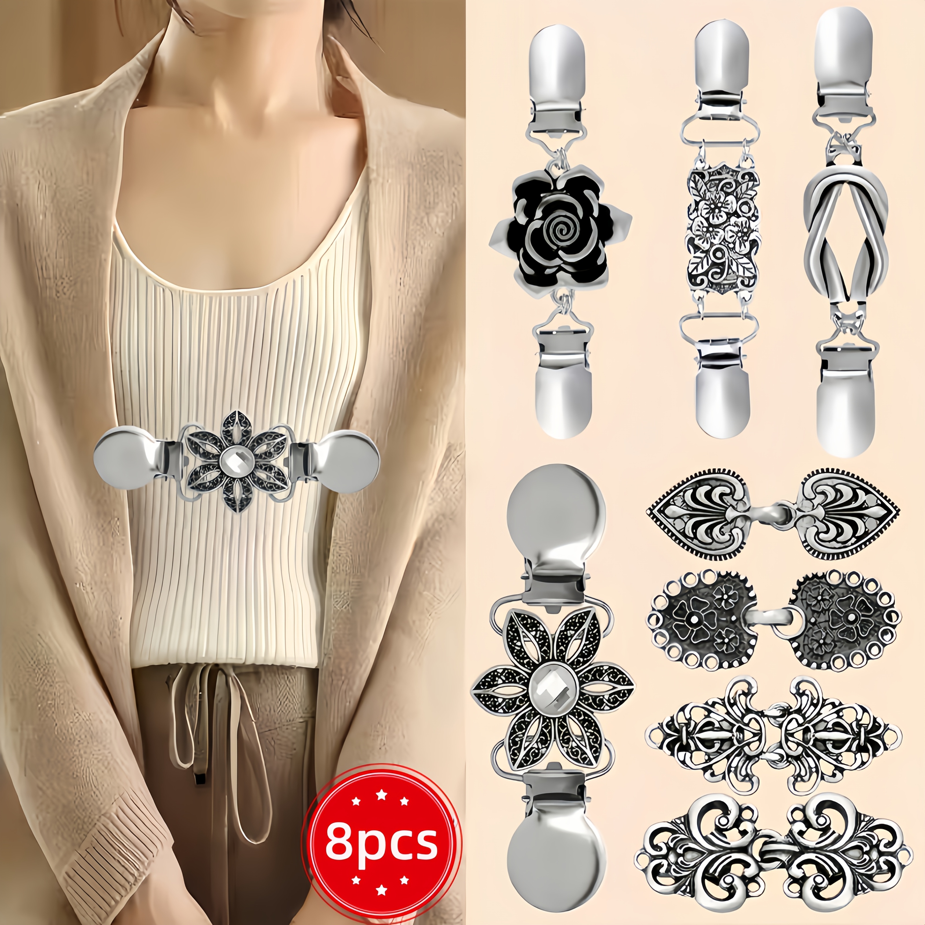E-shop 8 Stück Vintage Kleiderclips, Cardigan-Clips Taillenhalter - Pullover-Schal-Clips, elastische Clips, Cardigan-Clips, für Damen-